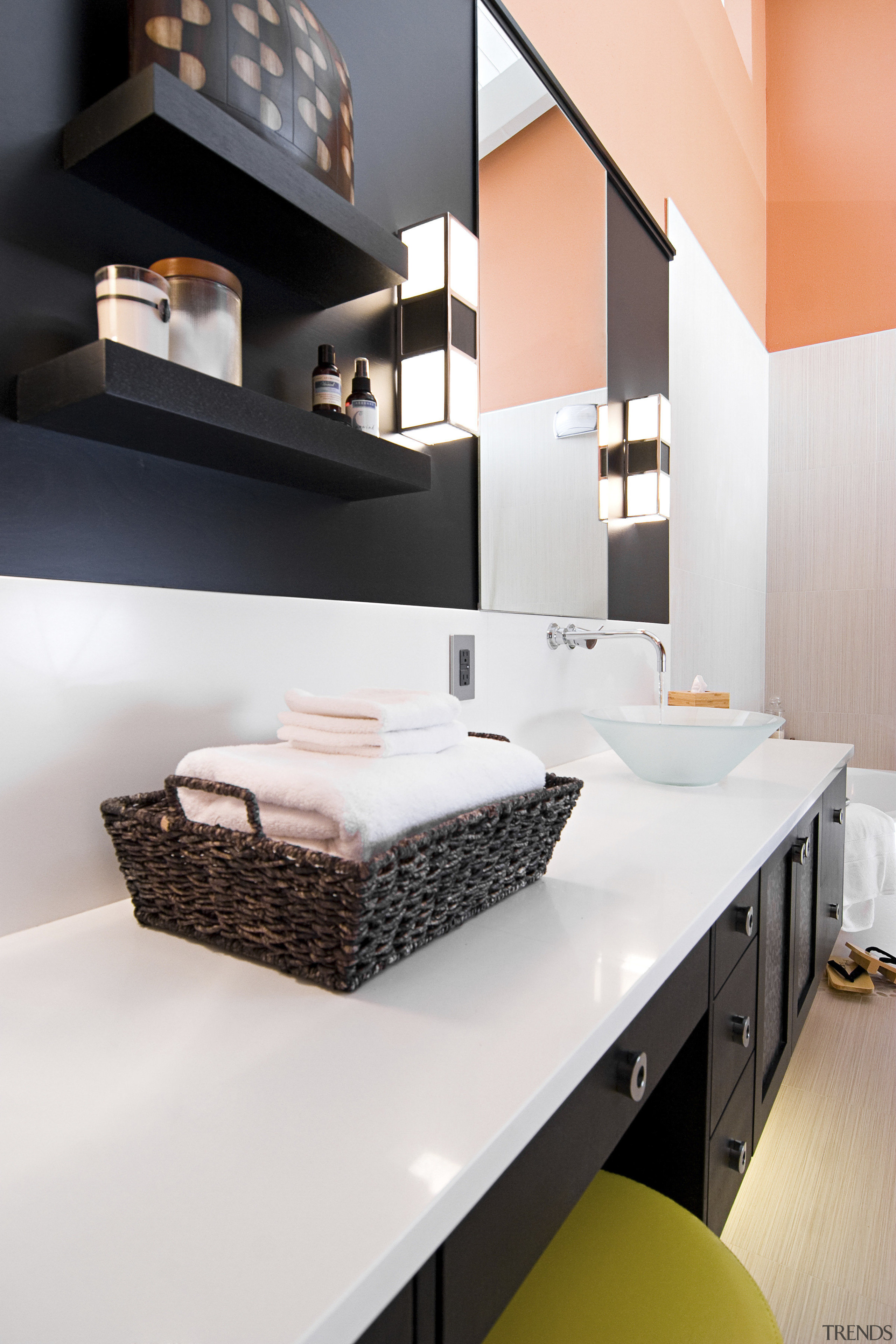 View of a bathroom which features mango-coloured walls, countertop, furniture, interior design, kitchen, product design, room, table, white