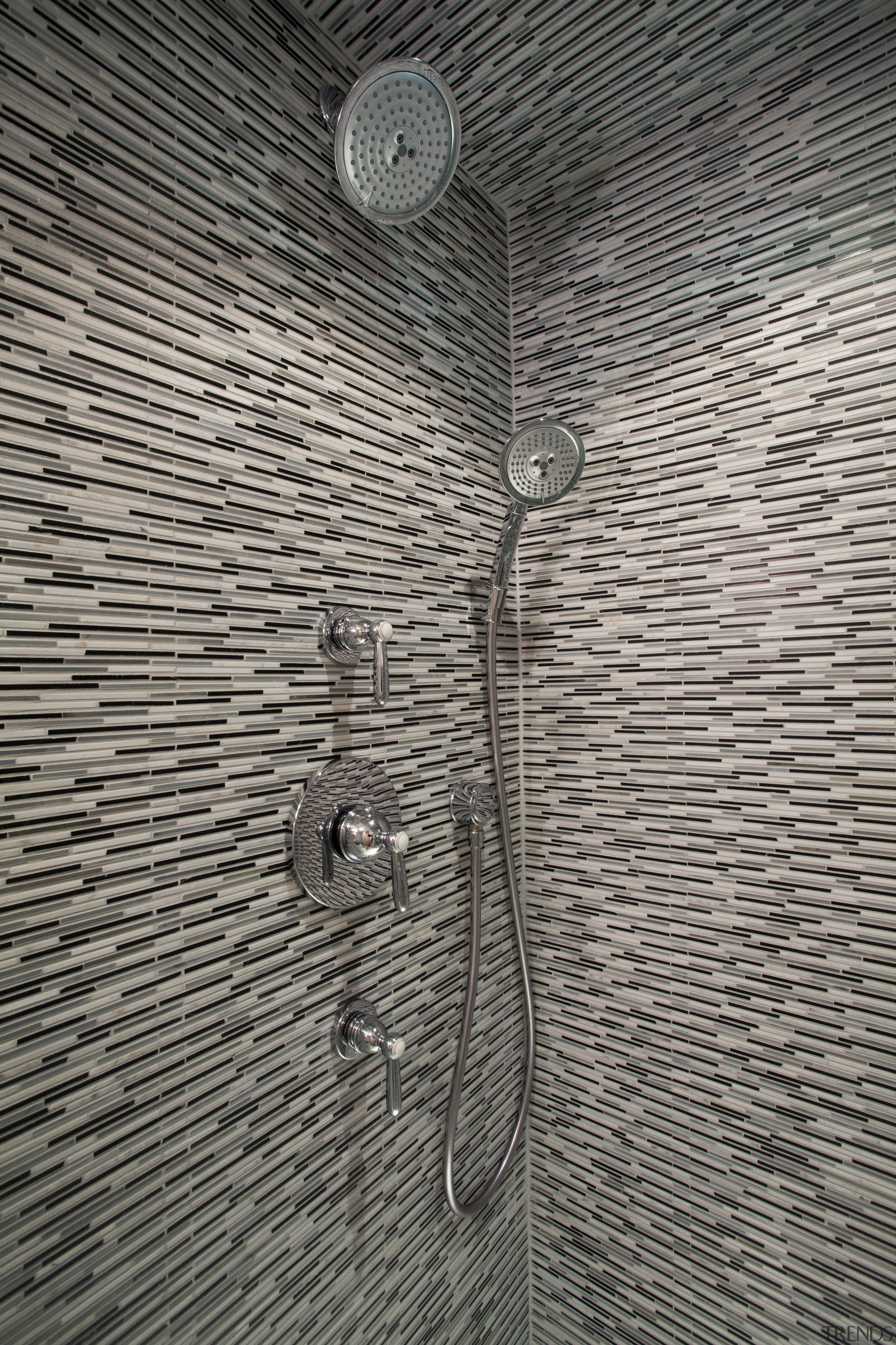 Shower in condominium bathroom renovation - Shower in architecture, line, metal, structure, wall, wood, gray, black