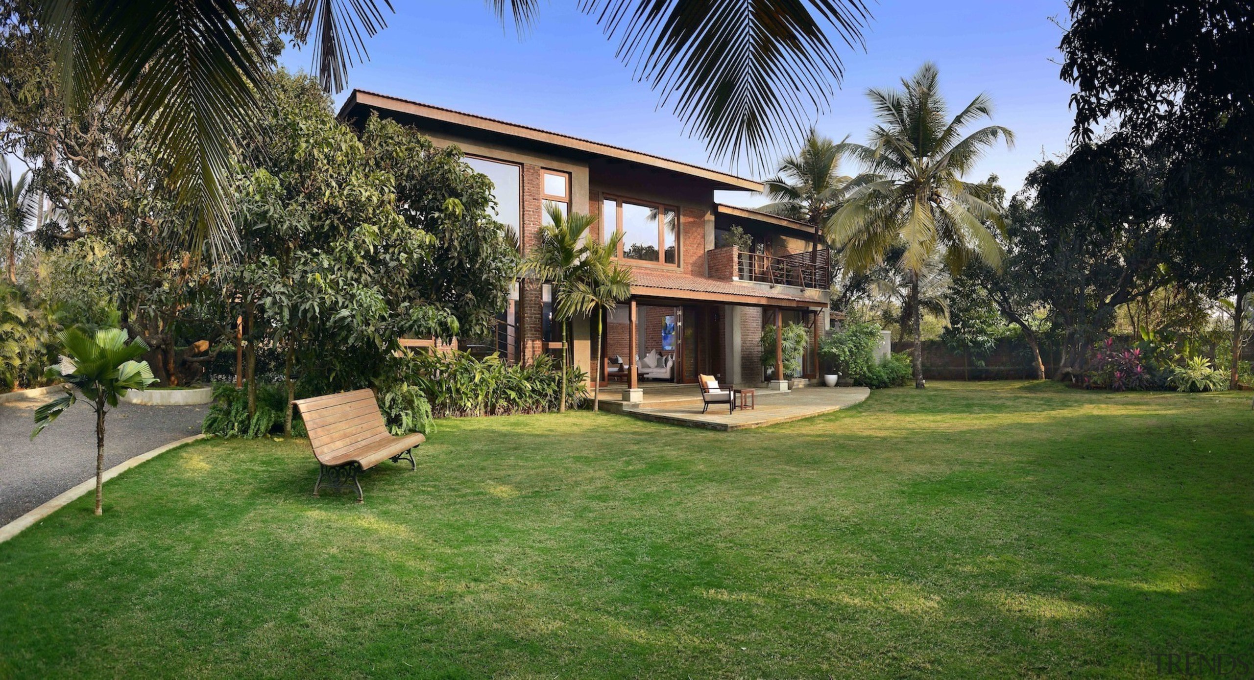 Architect: Studio PKA http://www.purankumar.com/Photographer: Amit Pasricha arecales, backyard, cottage, estate, facade, hacienda, home, house, mansion, palm tree, property, real estate, resort, villa, yard, green