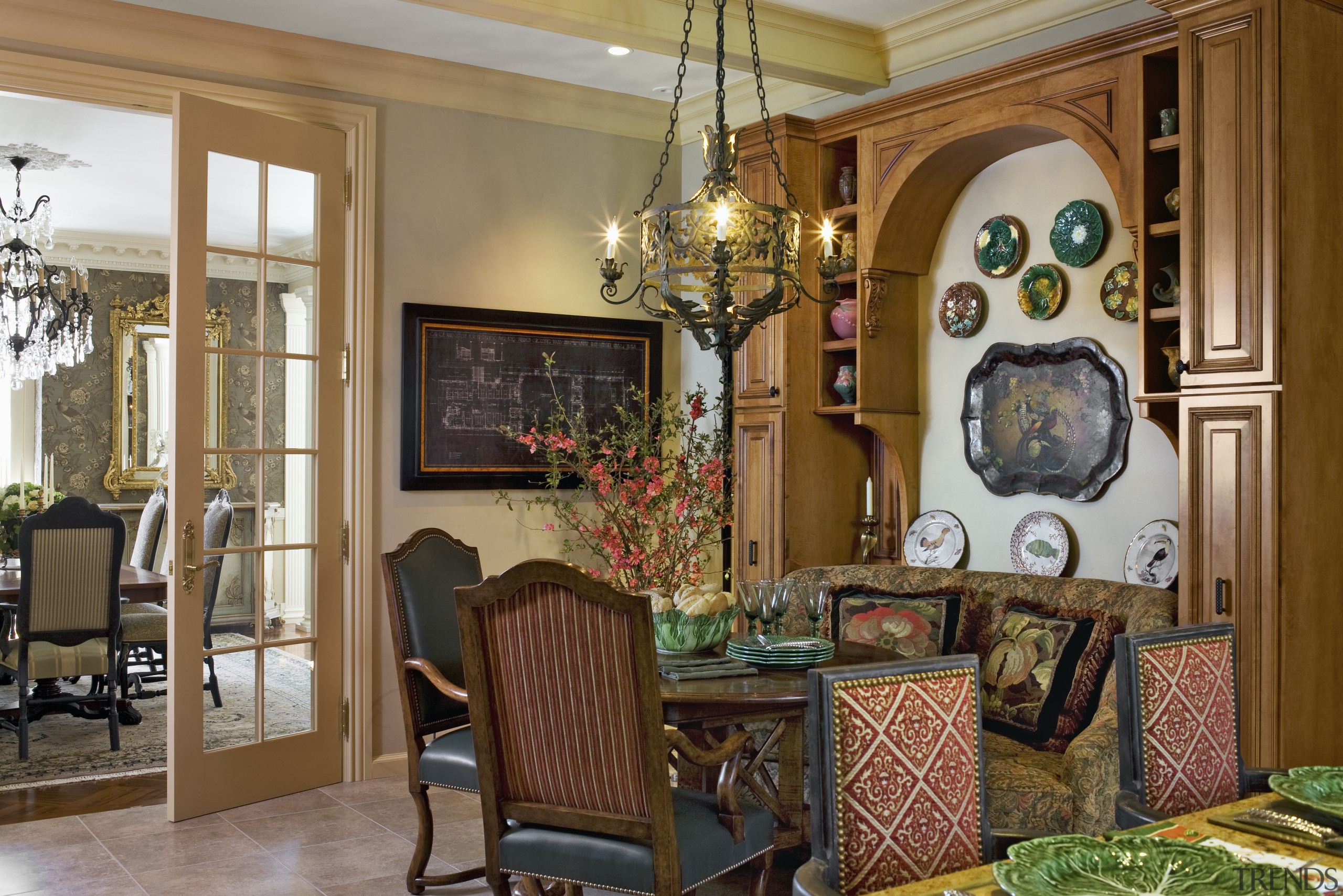 View of a traditional European-styled banquette area which dining room, furniture, home, interior design, living room, real estate, room, table, brown