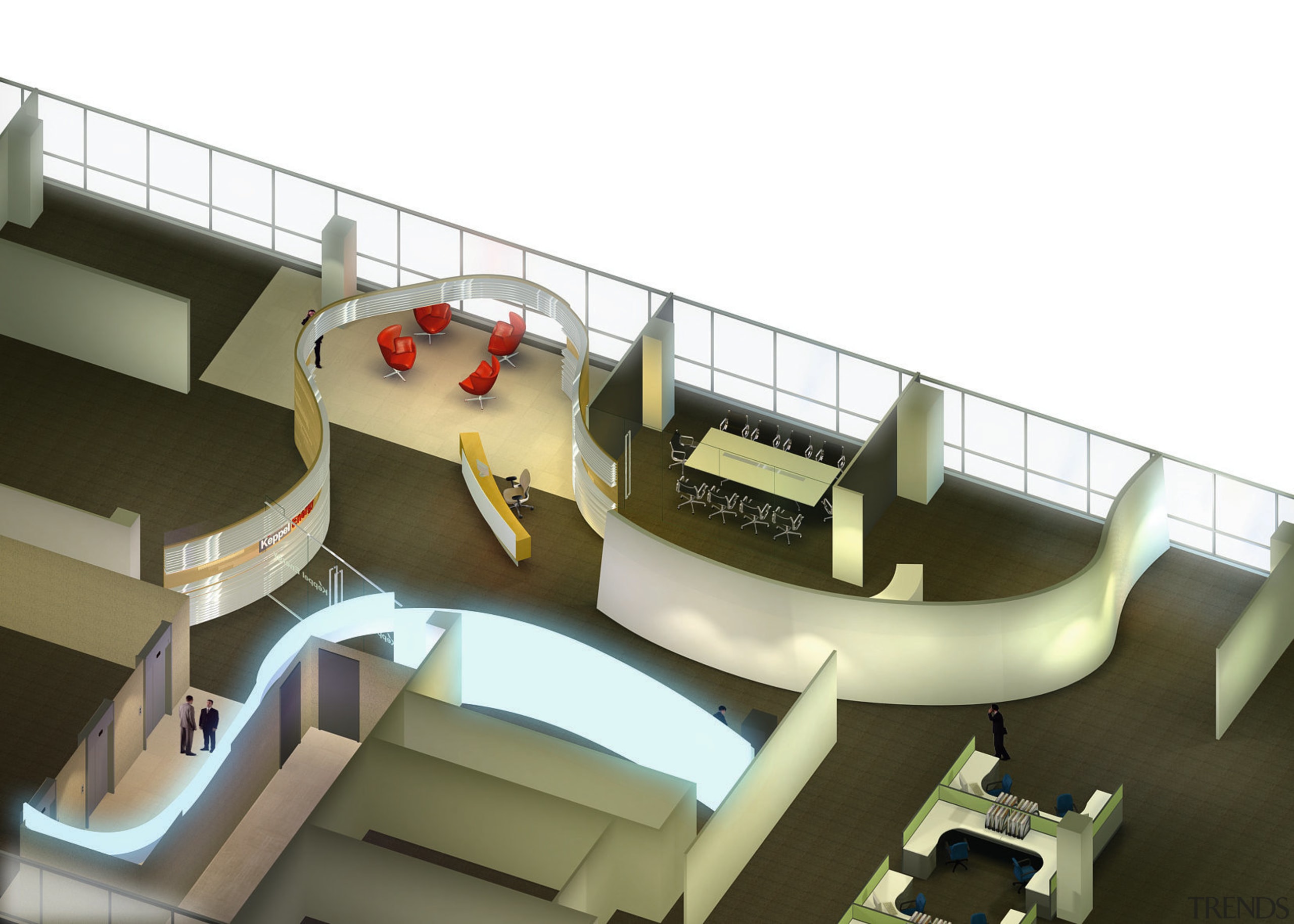 Diagram showing continuous curved partitioning from reception to automotive design, product design, vehicle, white, brown