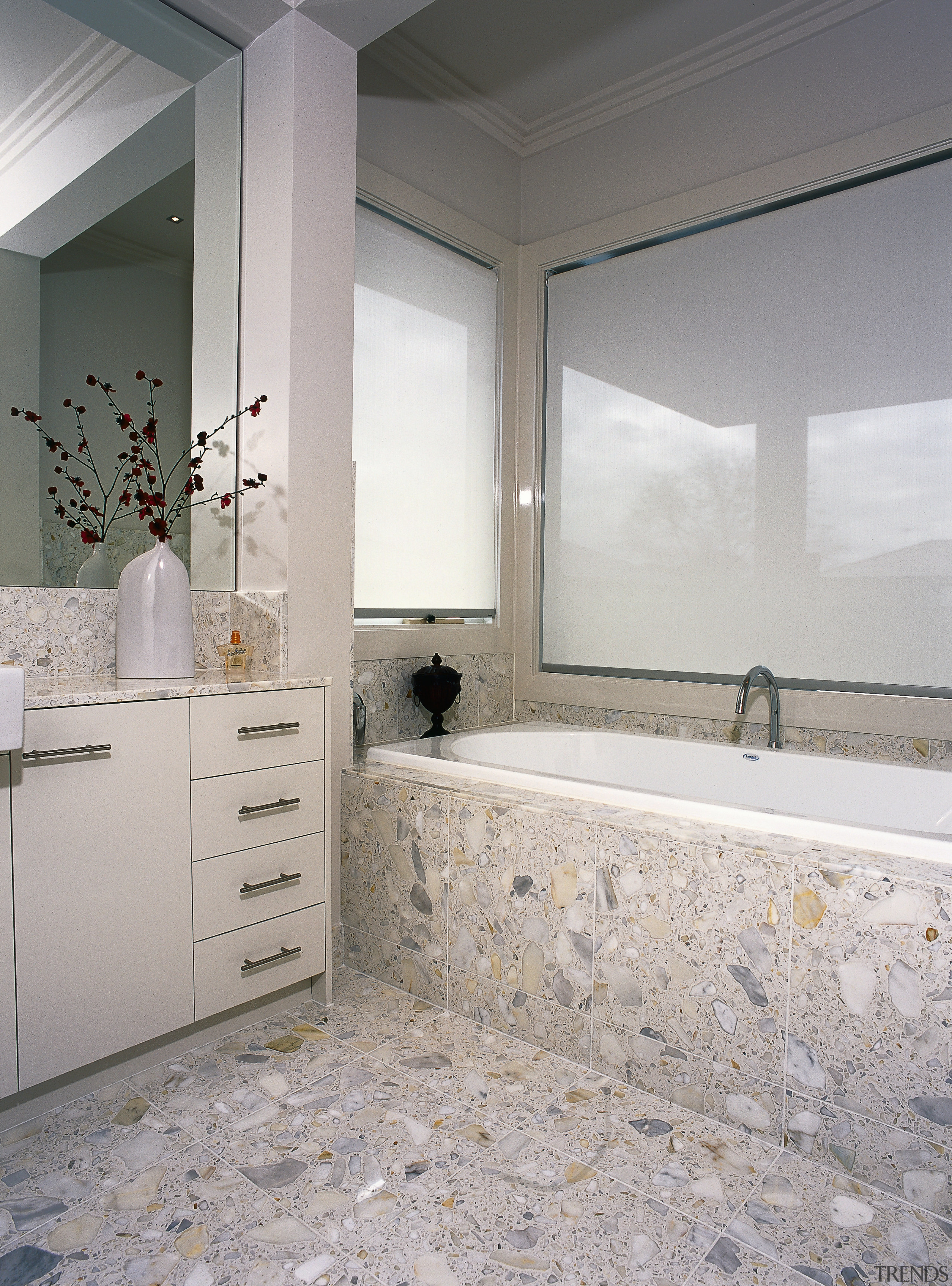 A view ofa bathroom with Swetha Marble &amp; bathroom, floor, flooring, home, interior design, room, tile, wall, window, gray