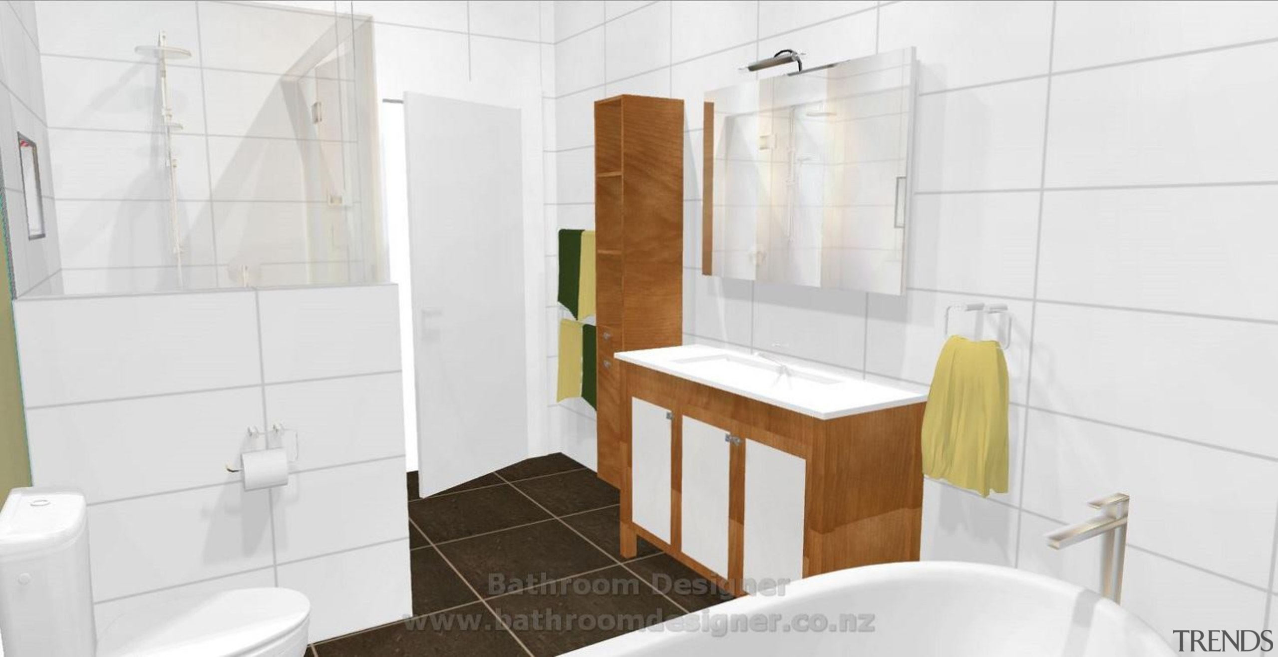 Bathroom Designer. This 3D image of proposed bathroom bathroom, bathroom accessory, bathroom cabinet, floor, home, interior design, property, room, tile, white
