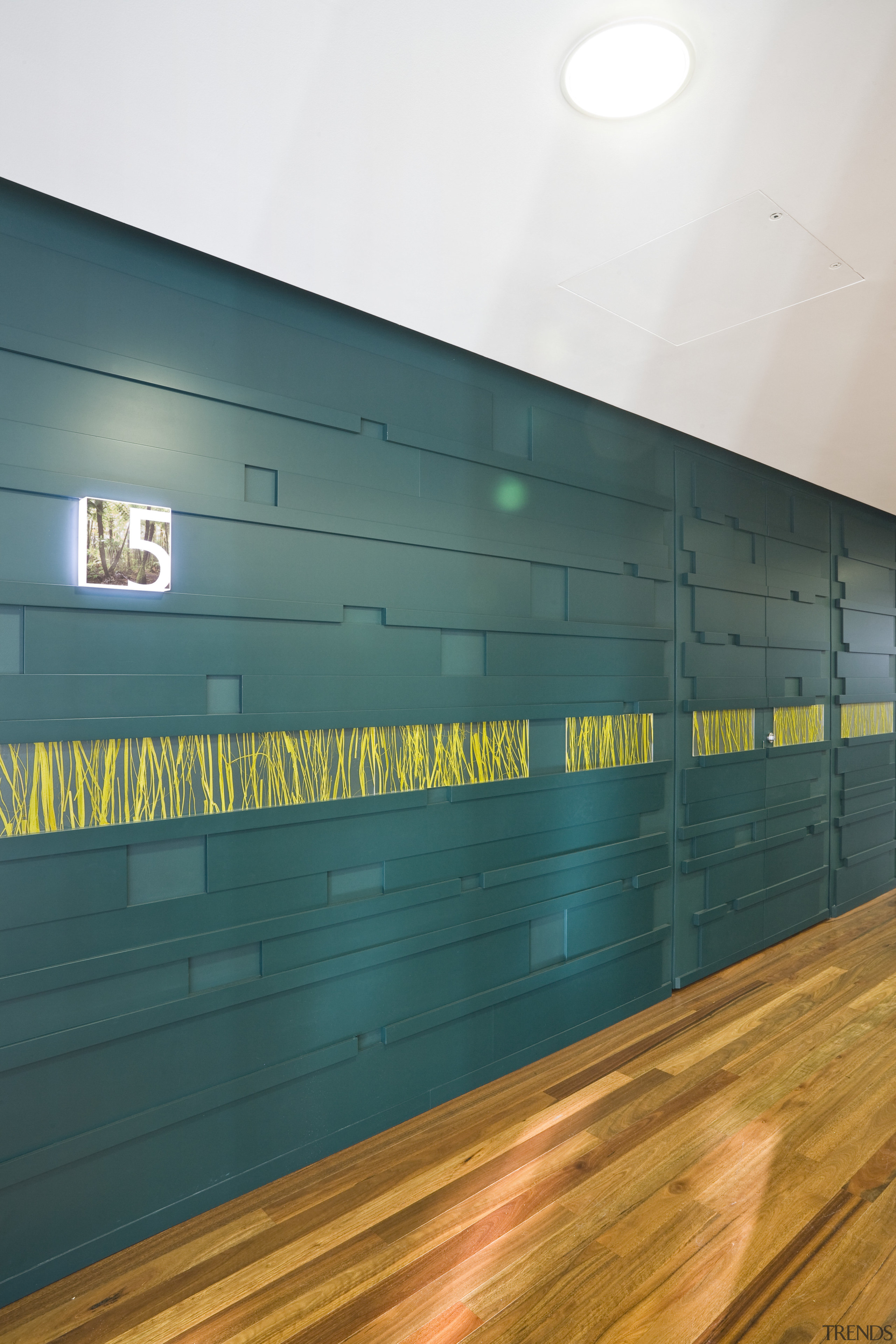 Interior view of the Westpac offices where Resene architecture, blue, daylighting, floor, glass, leisure centre, light, lighting, line, wall, wood, teal, white