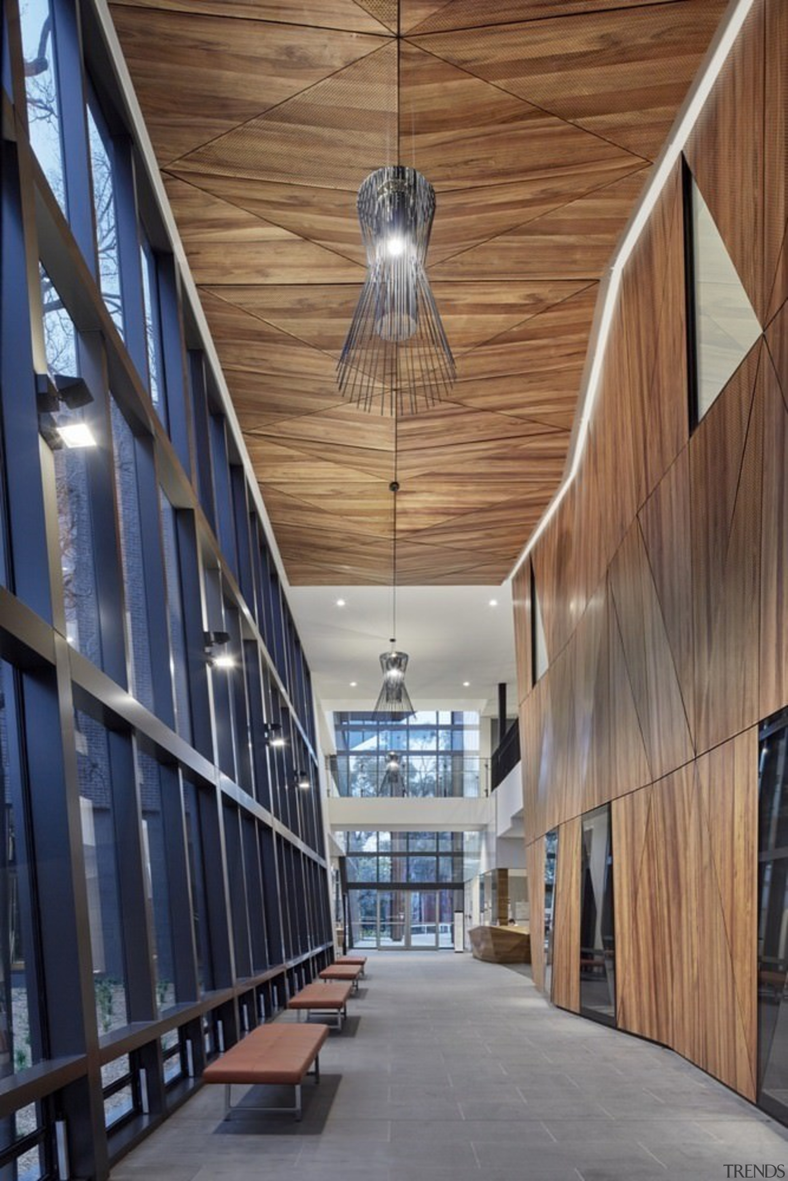 Architect: McIldowie PartnersPhotography by Peter Clarke architecture, building, ceiling, daylighting, facade, structure, wood, brown, gray