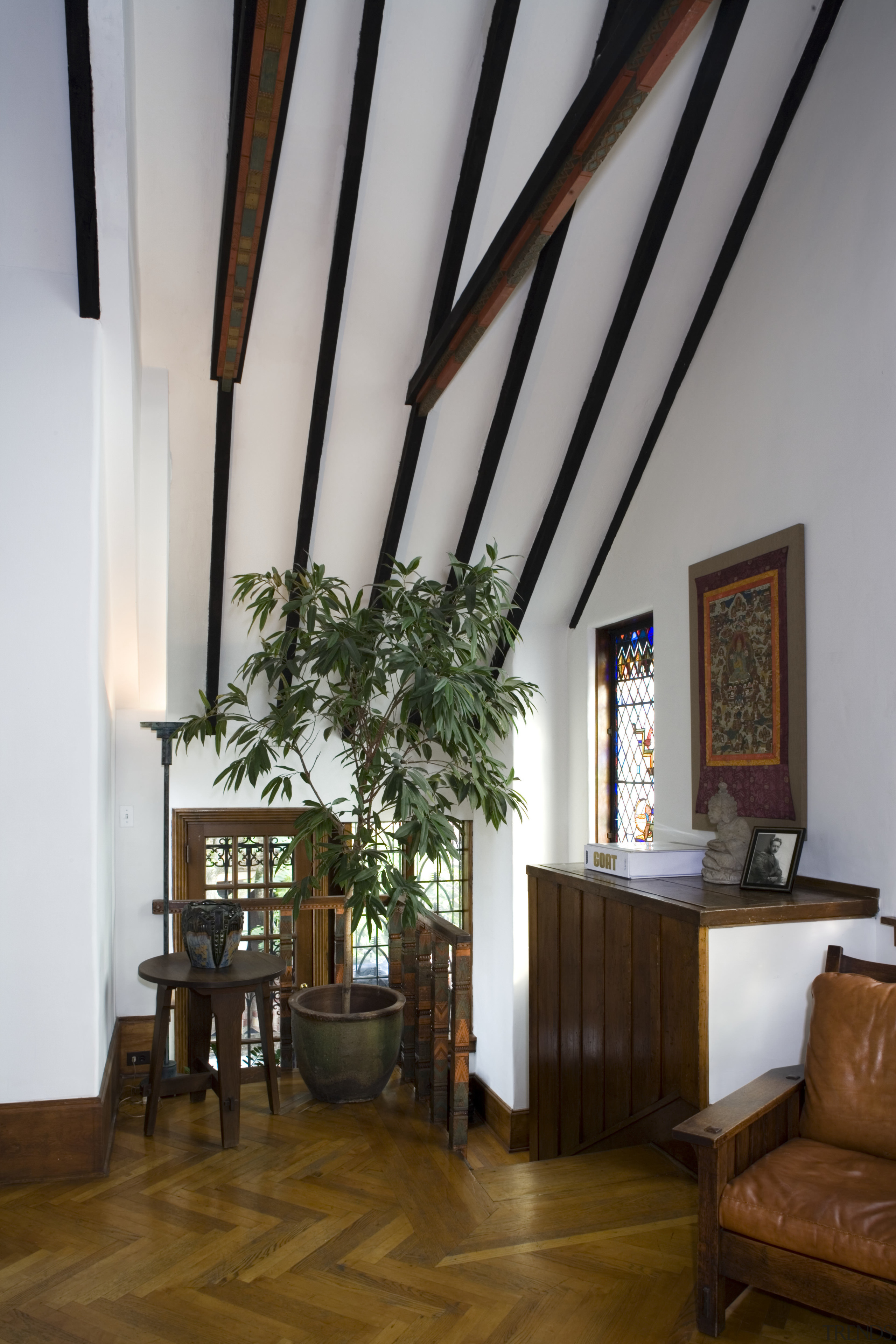 View of the main lounge featuring rafters, wooden ceiling, home, house, interior design, living room, window, wood, gray, brown