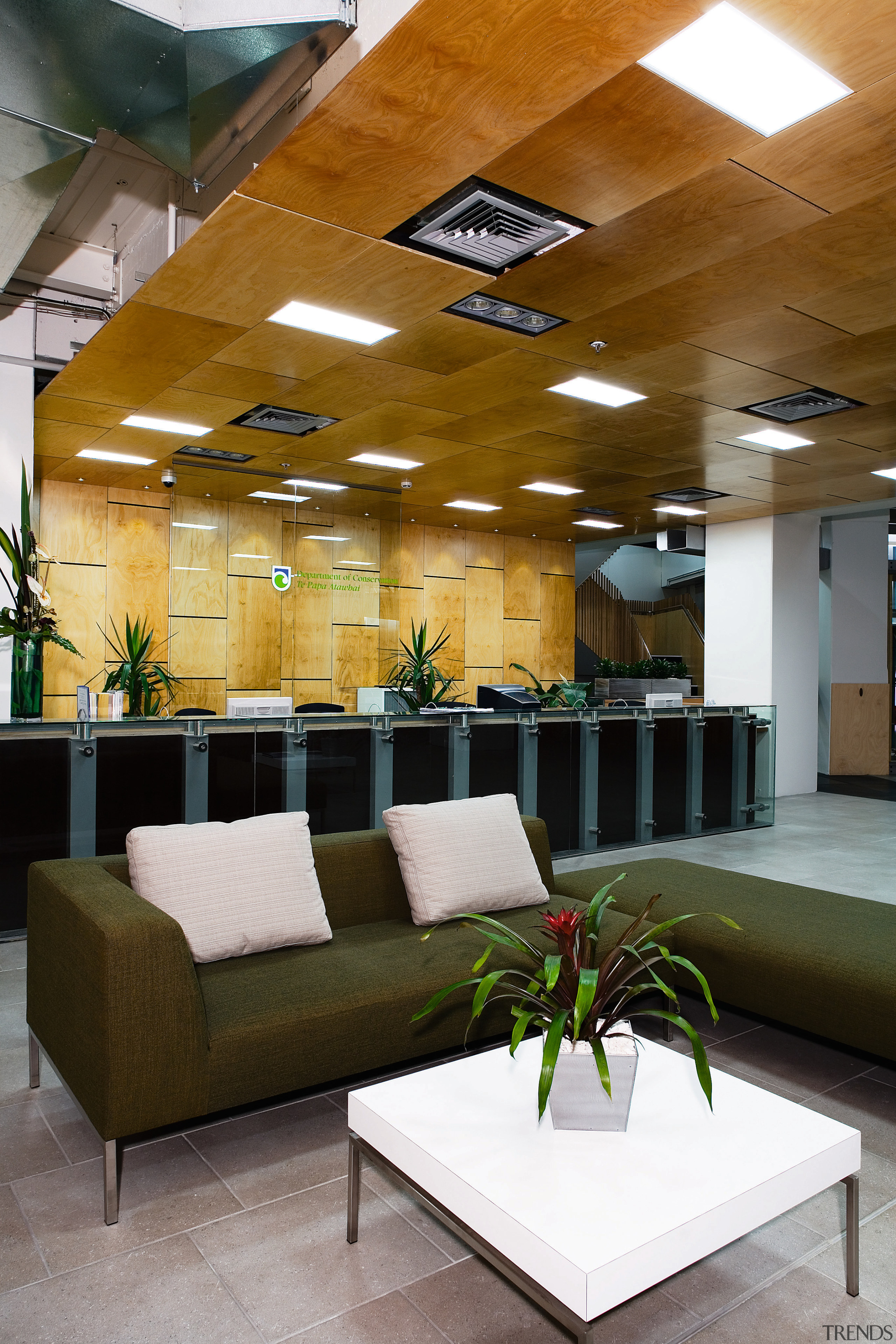 View of the recepton area of the COnservation ceiling, furniture, interior design, lobby, brown