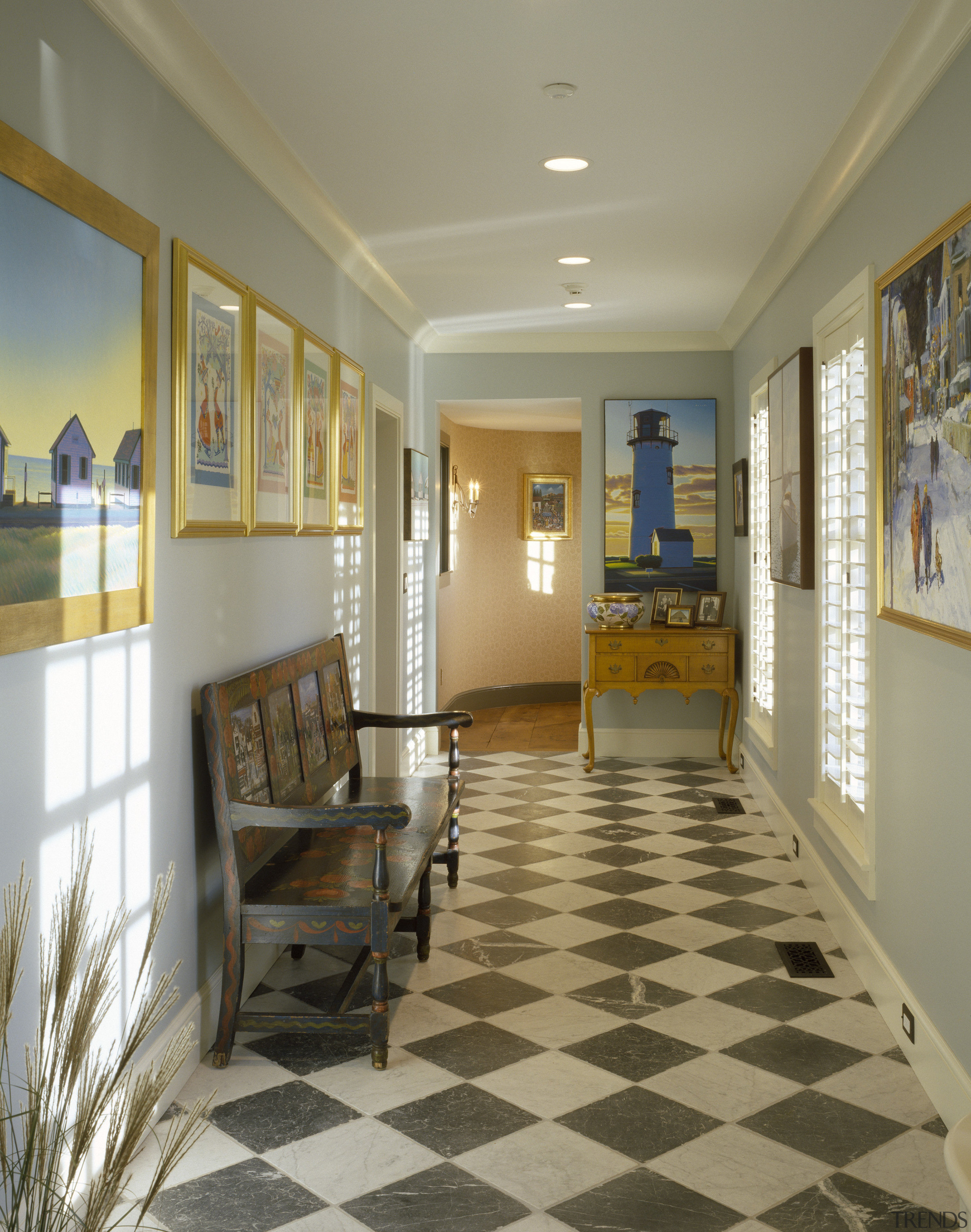 View of a hallway which features several pieces ceiling, estate, floor, flooring, hardwood, interior design, living room, lobby, real estate, room, tile, window, wood flooring, brown, orange, gray