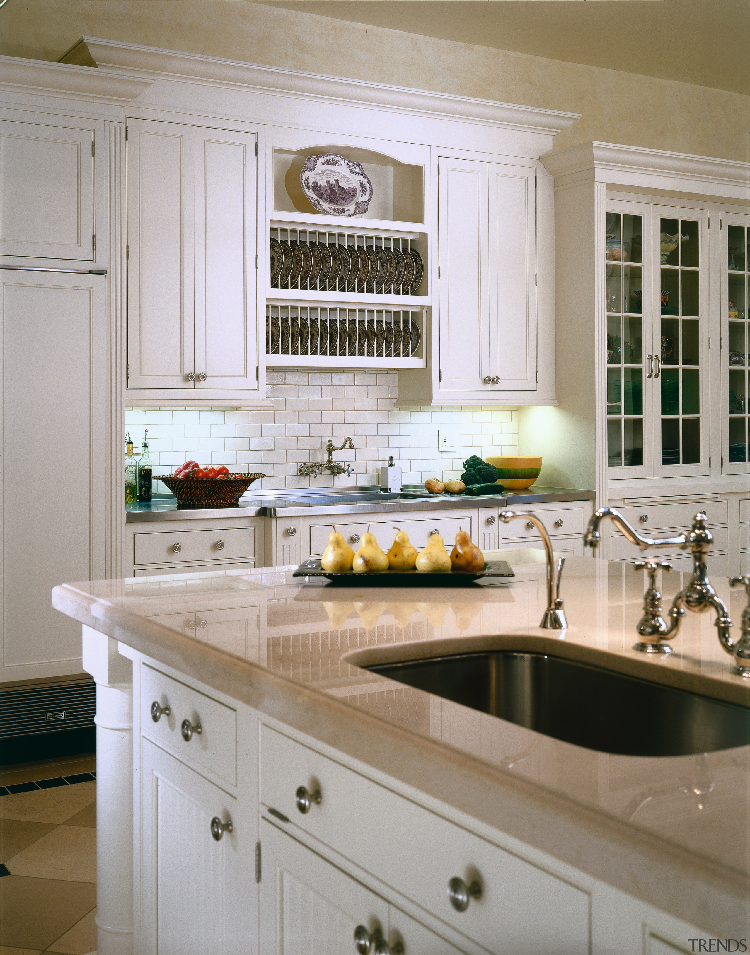 Close up view od the chrome basin and cabinetry, countertop, cuisine classique, home, interior design, kitchen, room, sink, window, gray