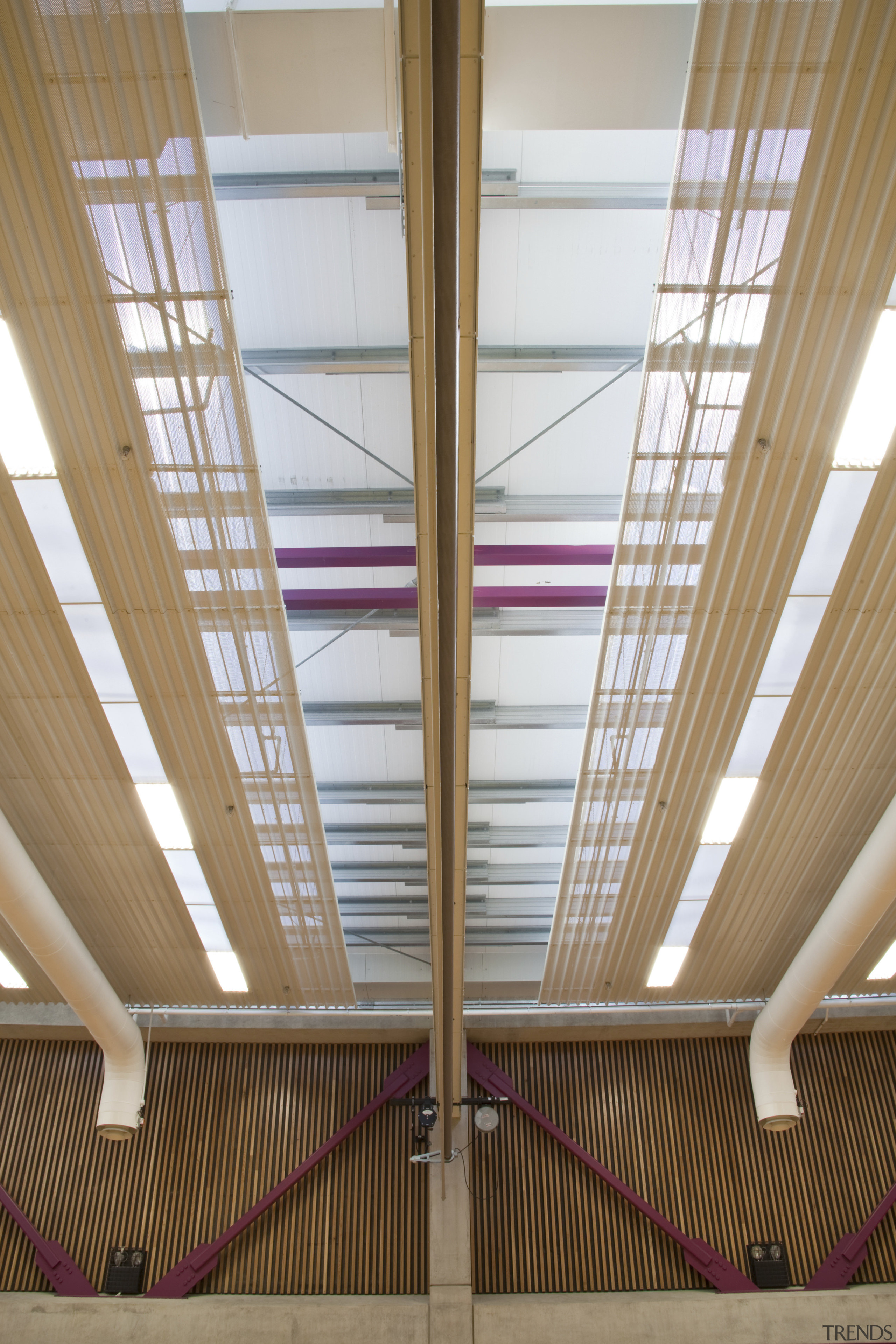 View of ceiling. - View of ceiling. - architecture, beam, ceiling, daylighting, glass, interior design, line, roof, structure, window, wood, brown