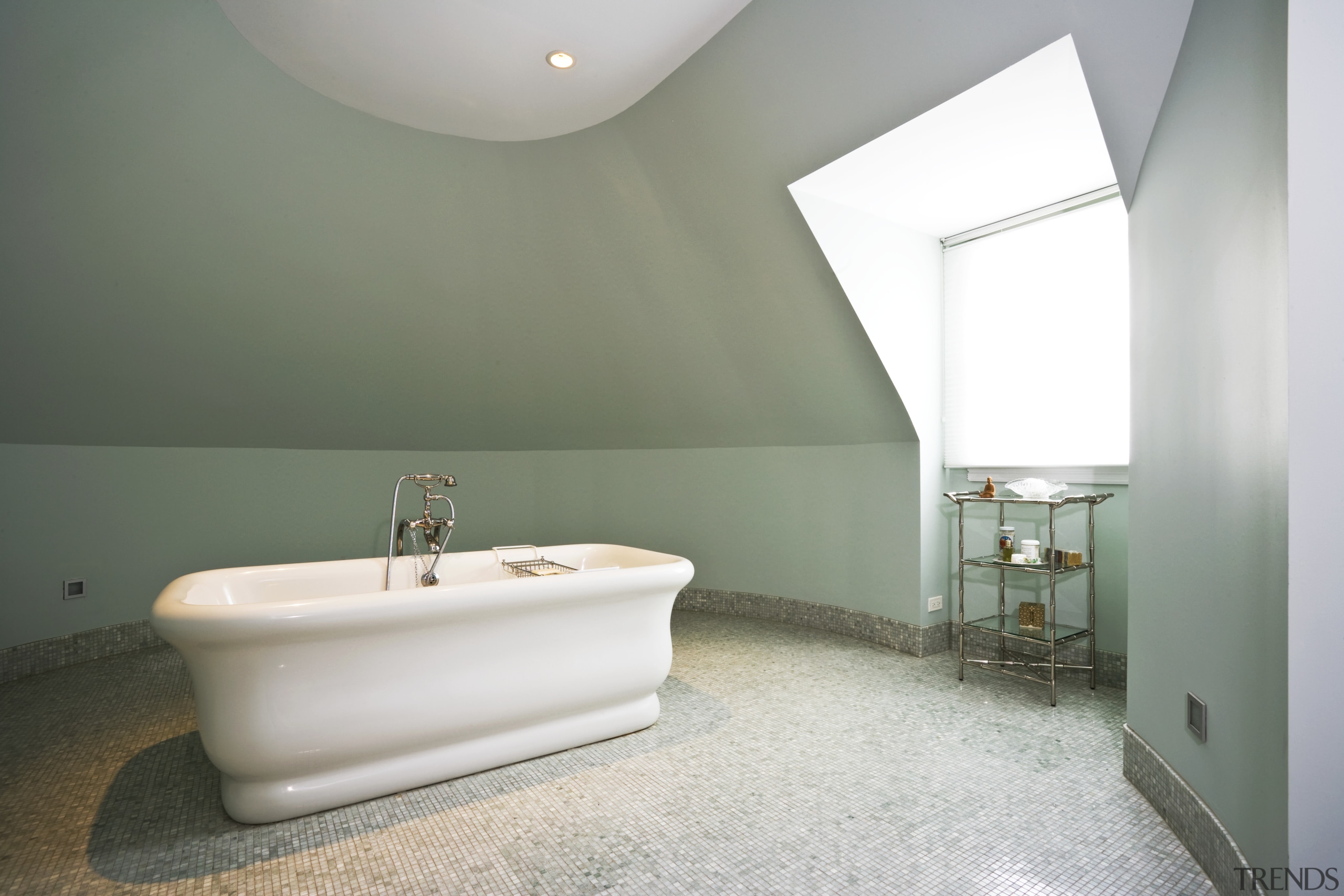 View of the bathroom showing a large open architecture, bathroom, ceiling, daylighting, estate, floor, home, house, interior design, plumbing fixture, property, real estate, room, gray, white