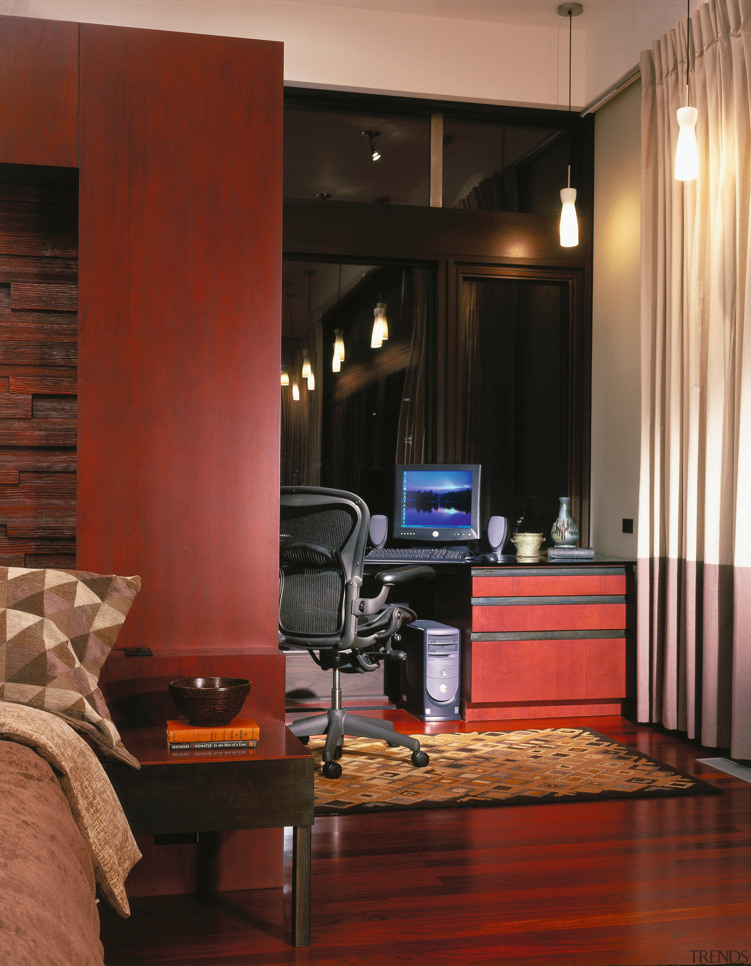 View of this living area - View of ceiling, floor, flooring, furniture, hardwood, interior design, living room, lobby, room, wall, wood, wood flooring, red