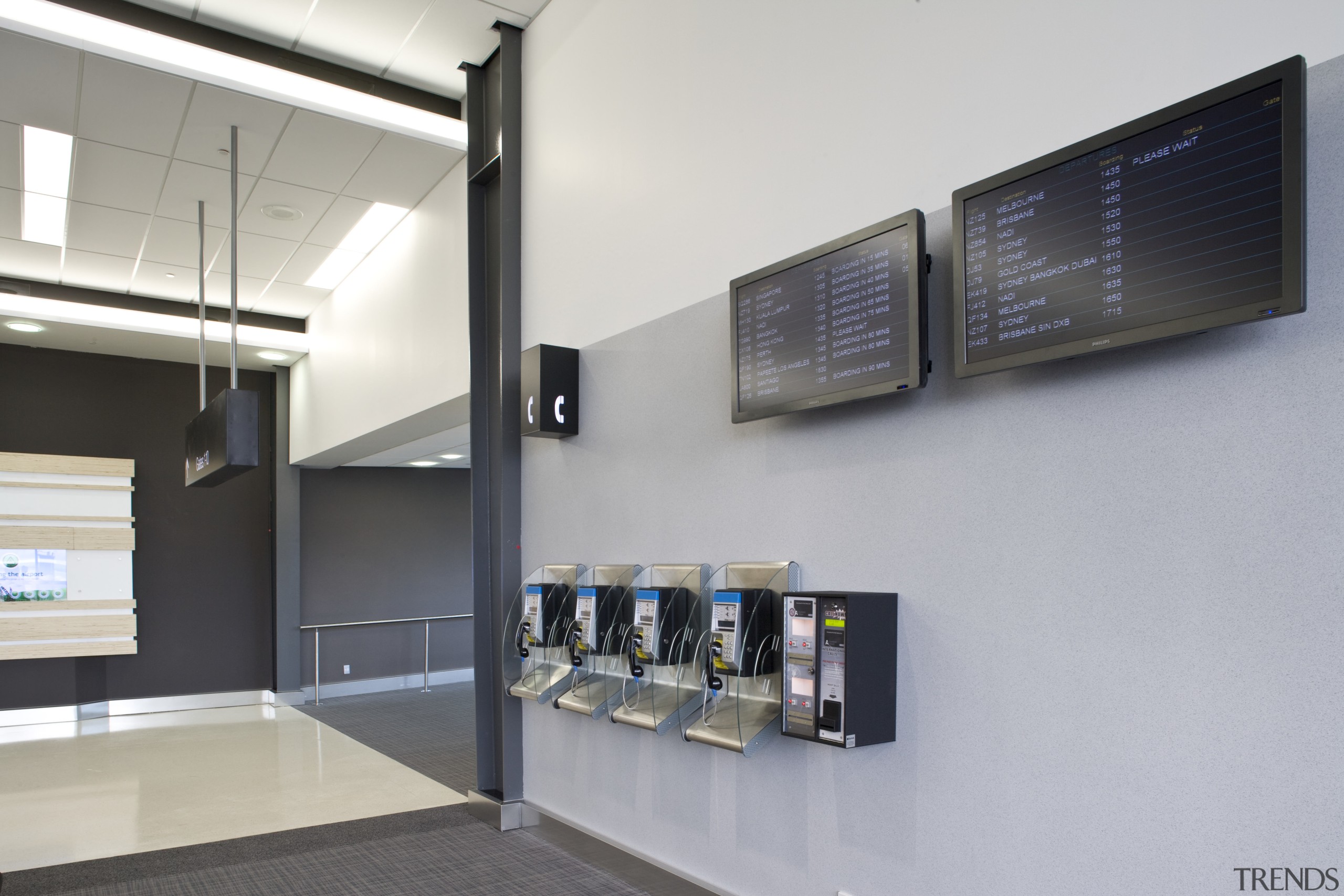 View of Auckland Airport's new international terminal where product design, technology, gray, white