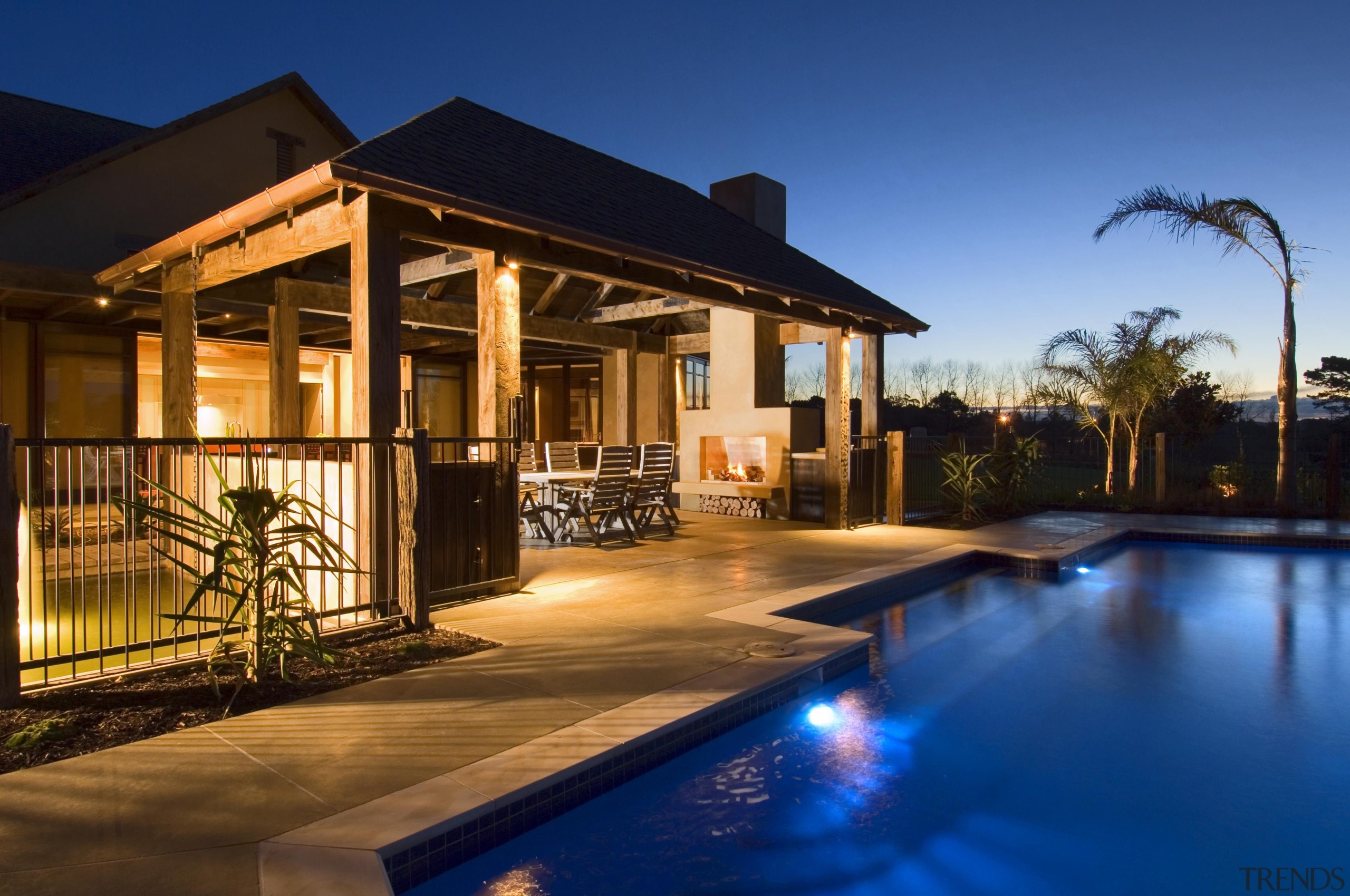 063goodlands 14 - Goodlands_14 - backyard | cottage backyard, cottage, estate, evening, home, house, landscape lighting, lighting, property, real estate, reflection, residential area, resort, swimming pool, villa, blue, brown