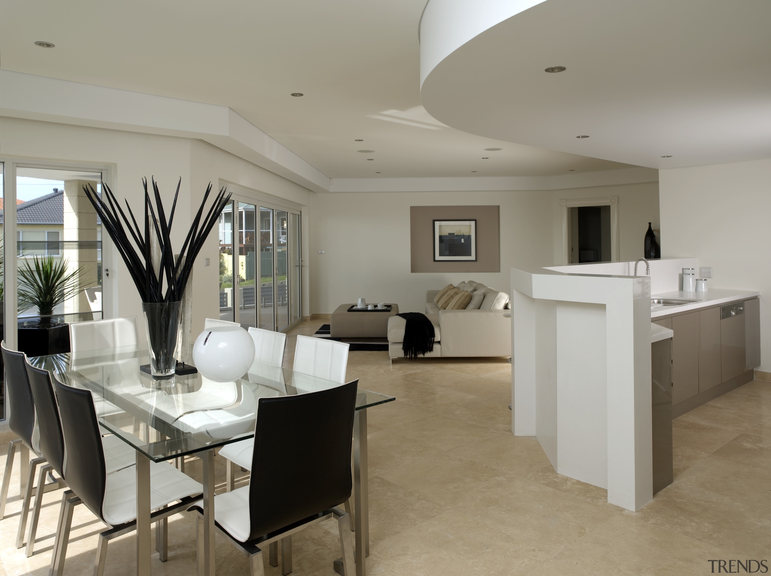 Spacious open-plan living areas are designed for relaxed, ceiling, dining room, estate, floor, flooring, interior design, living room, property, real estate, room, gray