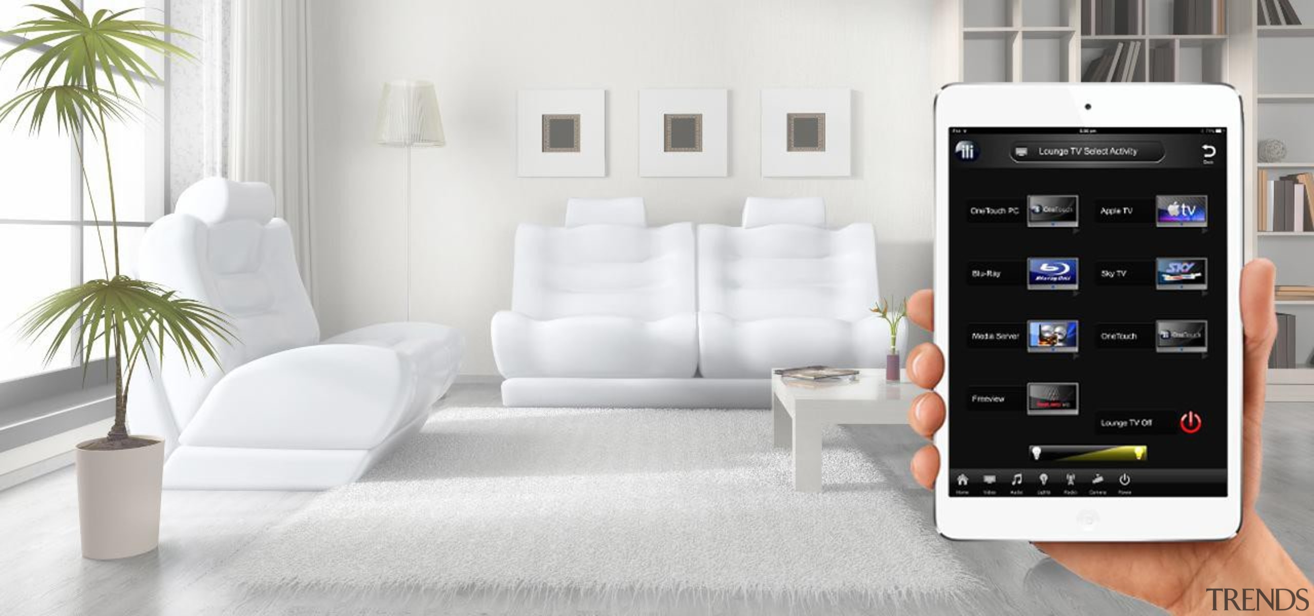 OneTouch ap on your iPad or Android lets electronics, furniture, interior design, product, product design, technology, white