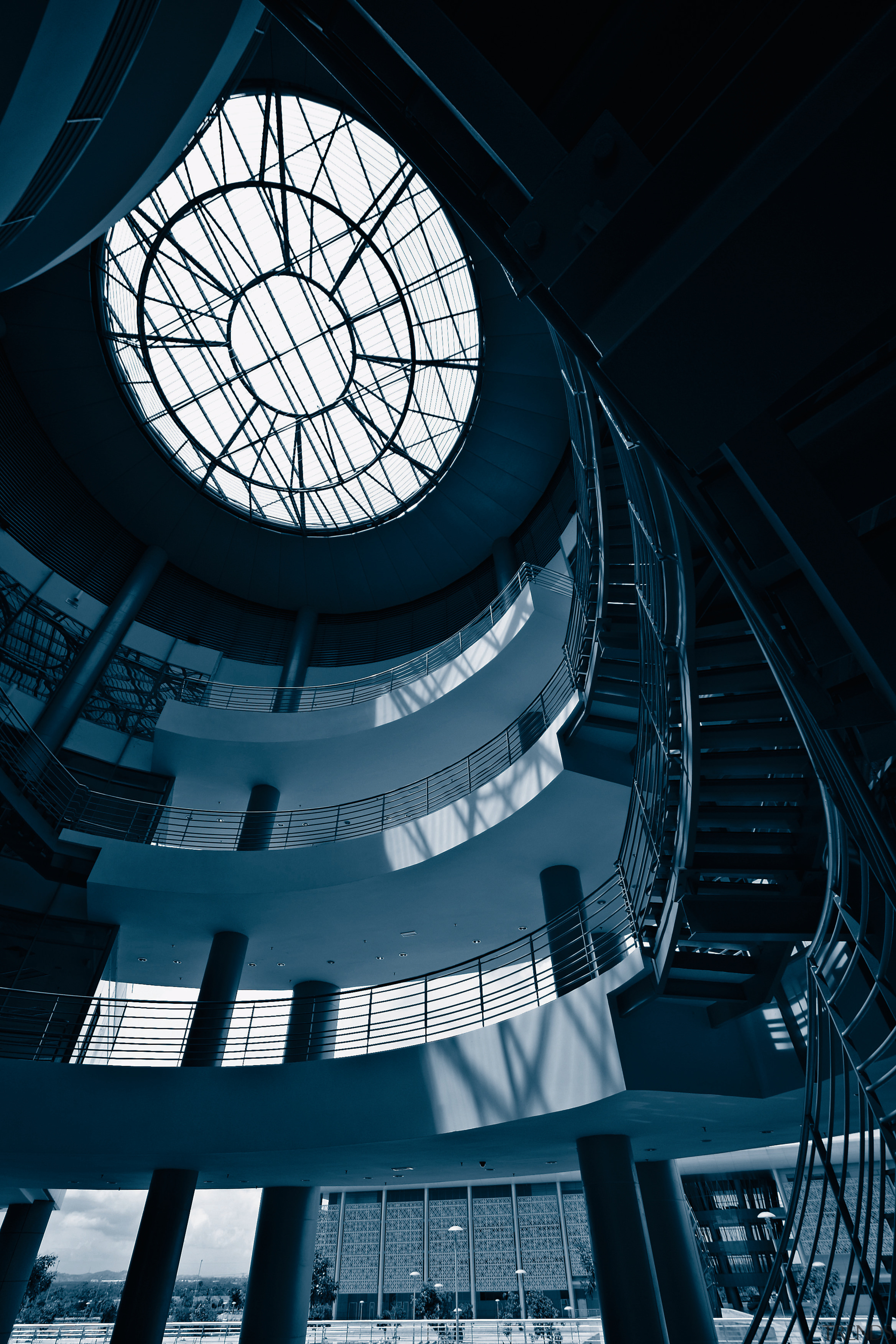 view of the central antrium featuring huge skylight architecture, building, daylighting, daytime, line, sky, structure, black