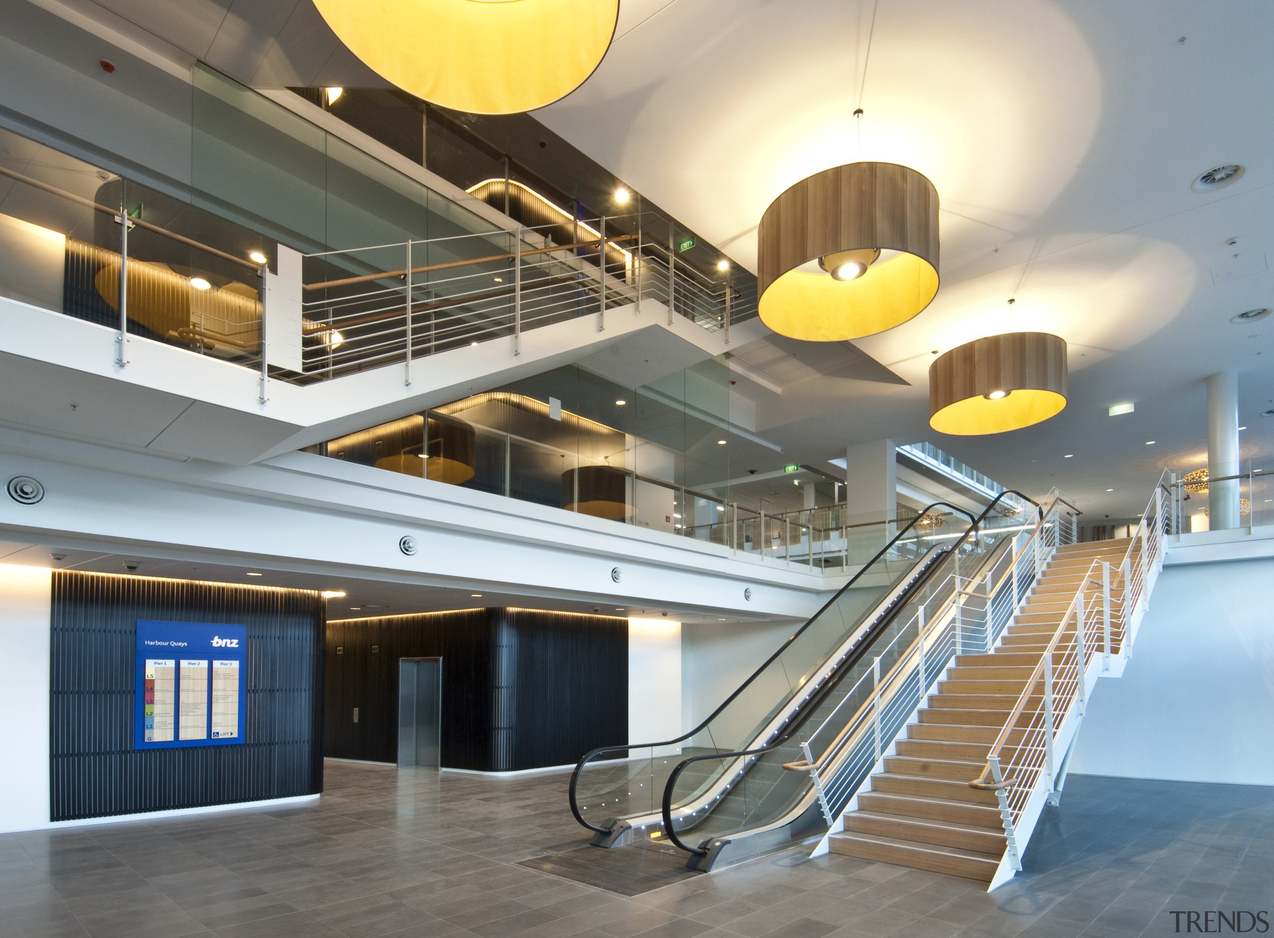 View of the atrium of the new BNZ architecture, ceiling, daylighting, handrail, interior design, leisure centre, lobby, real estate, stairs, gray