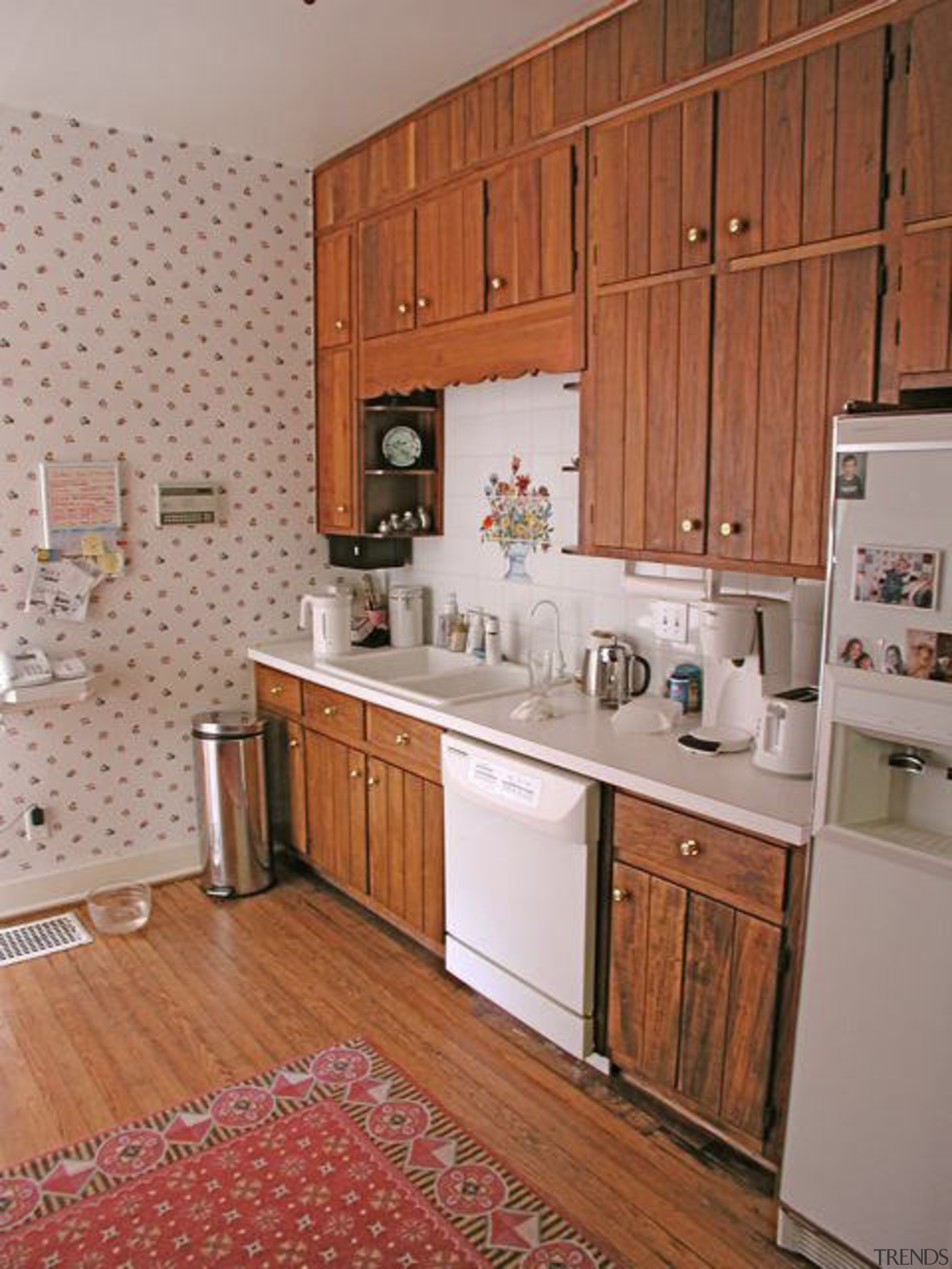 View of kitchen before the renovations. - View cabinetry, countertop, cuisine classique, floor, flooring, furniture, home, interior design, kitchen, real estate, room, wall, red, gray