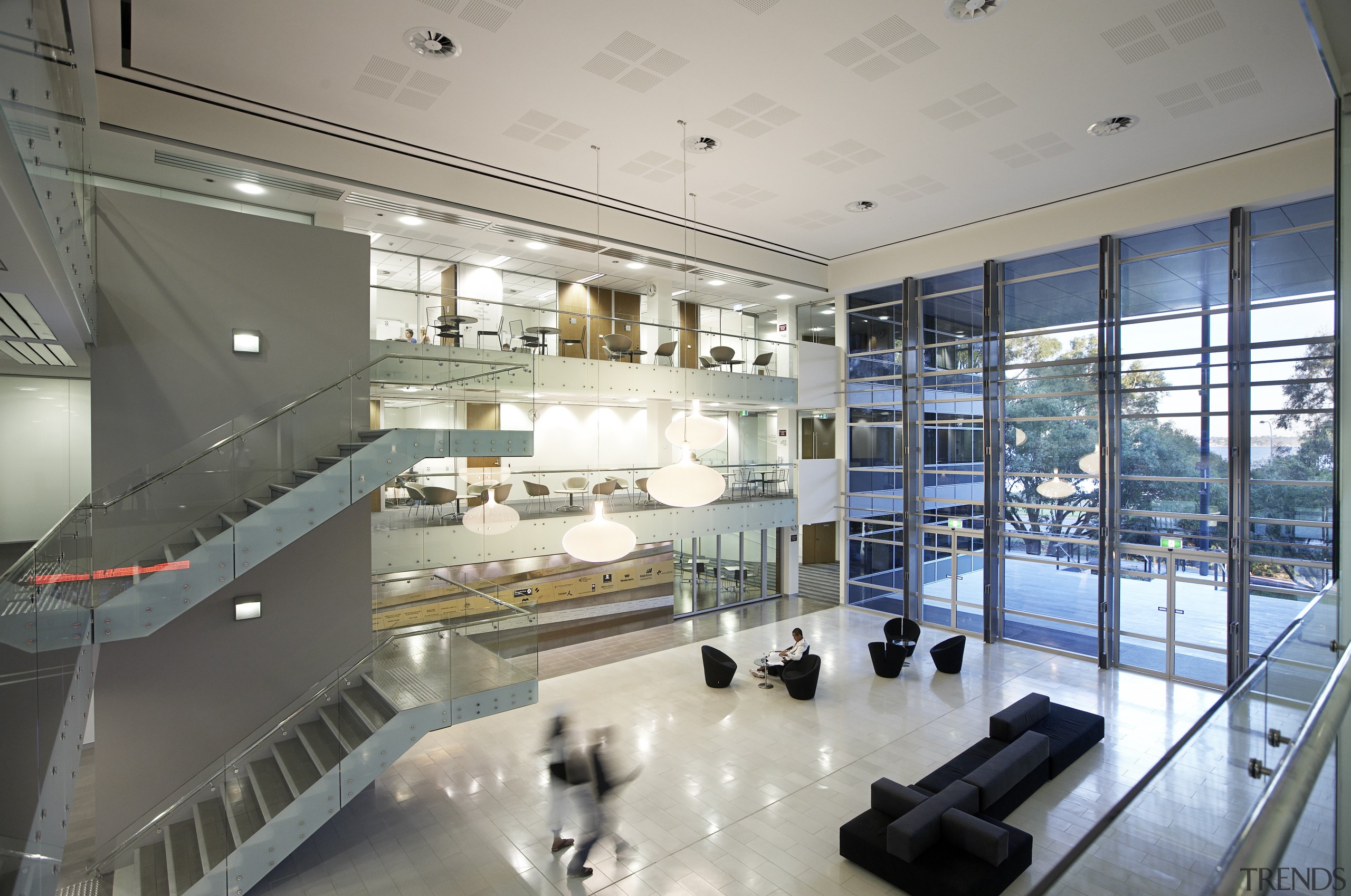 View of the new University of Western Australia's architecture, glass, interior design, lobby, real estate, gray
