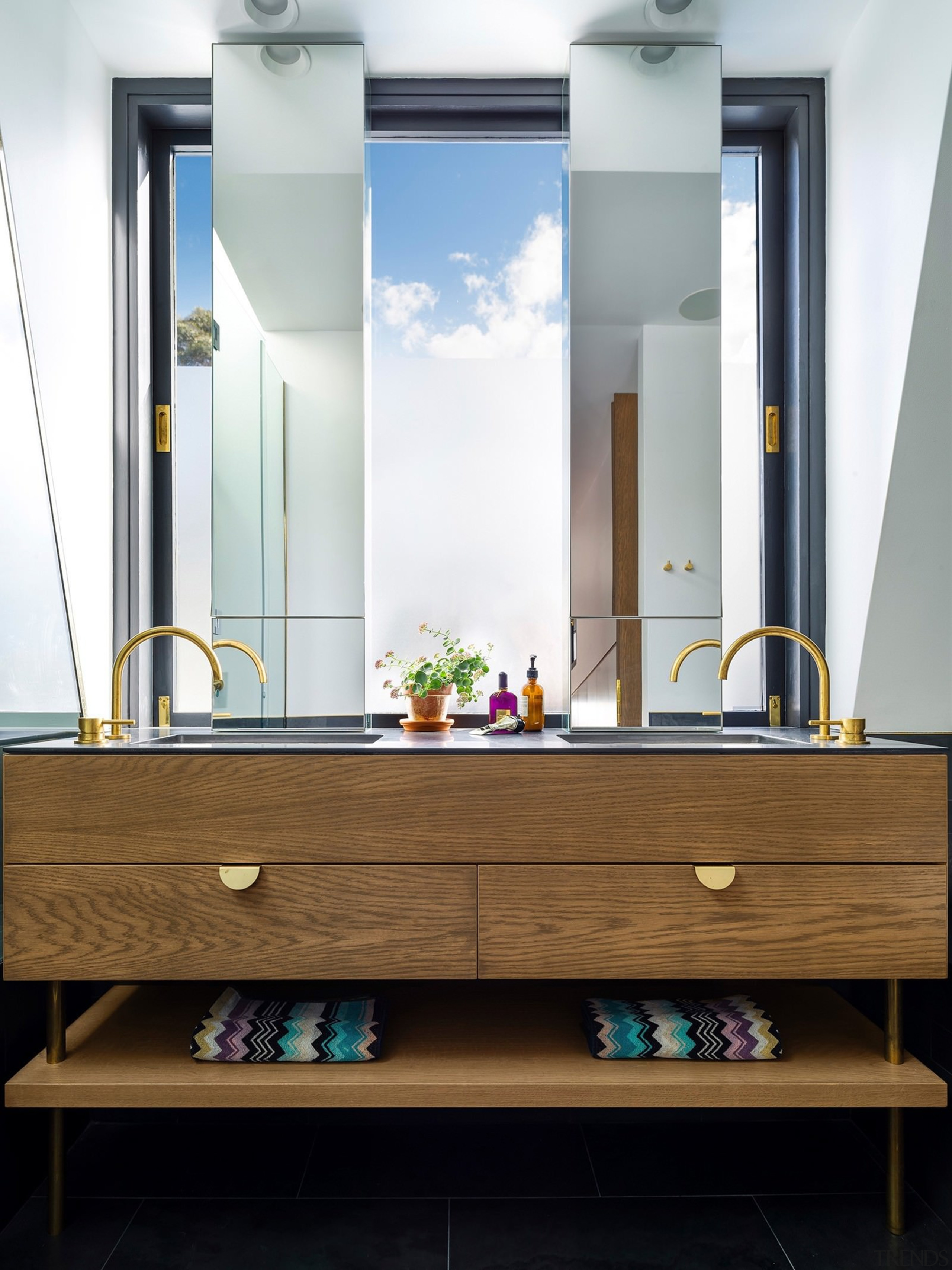 Architect: Luigi Rosselli. Photography by Justin Alexander, Sean bathroom, bathroom accessory, bathroom cabinet, chest of drawers, furniture, interior design, room, sink, table, white