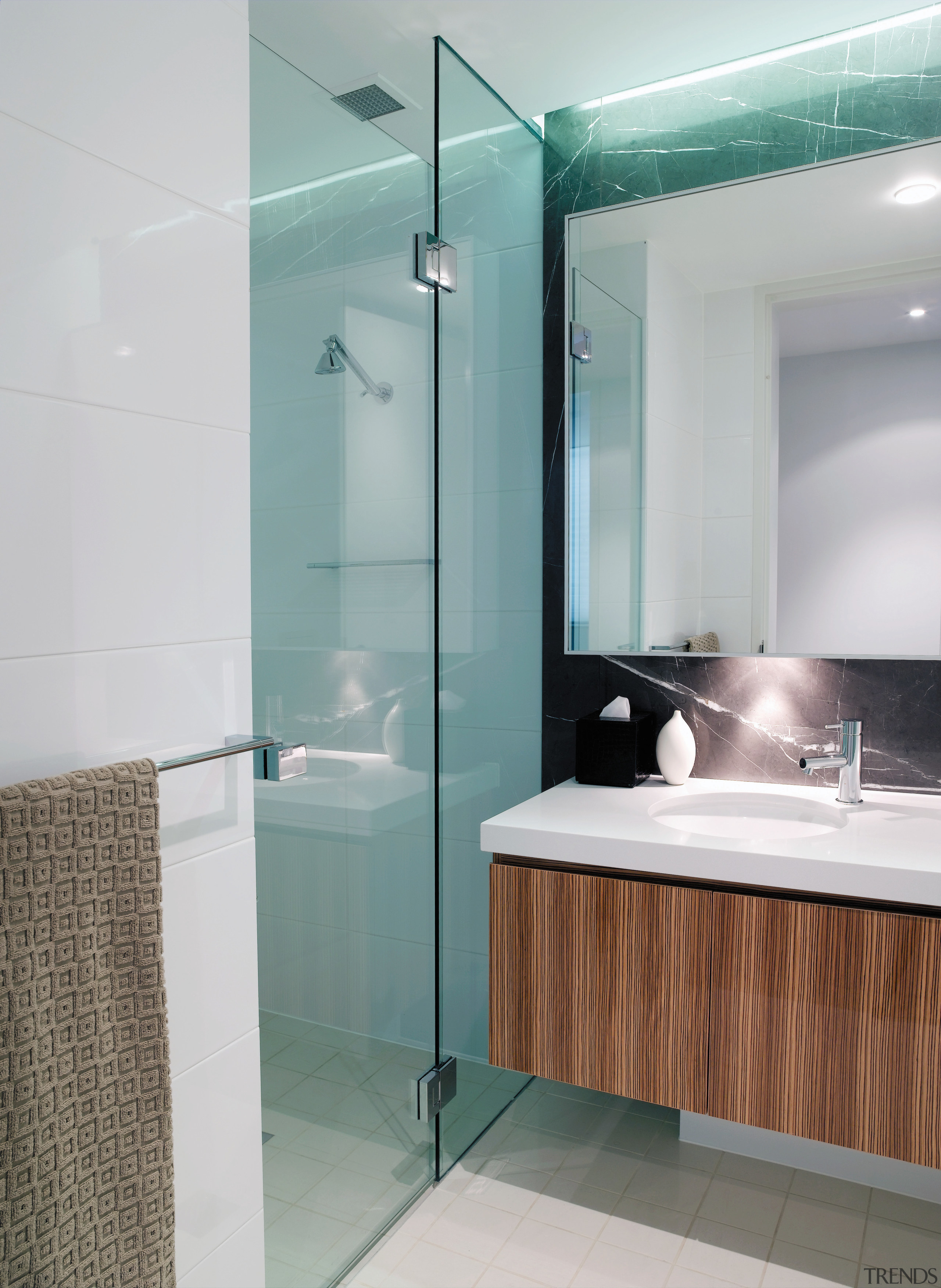 A view of a shower screen from Erina bathroom, bathroom accessory, bathroom cabinet, floor, glass, interior design, plumbing fixture, product design, room, sink, tap, tile, gray