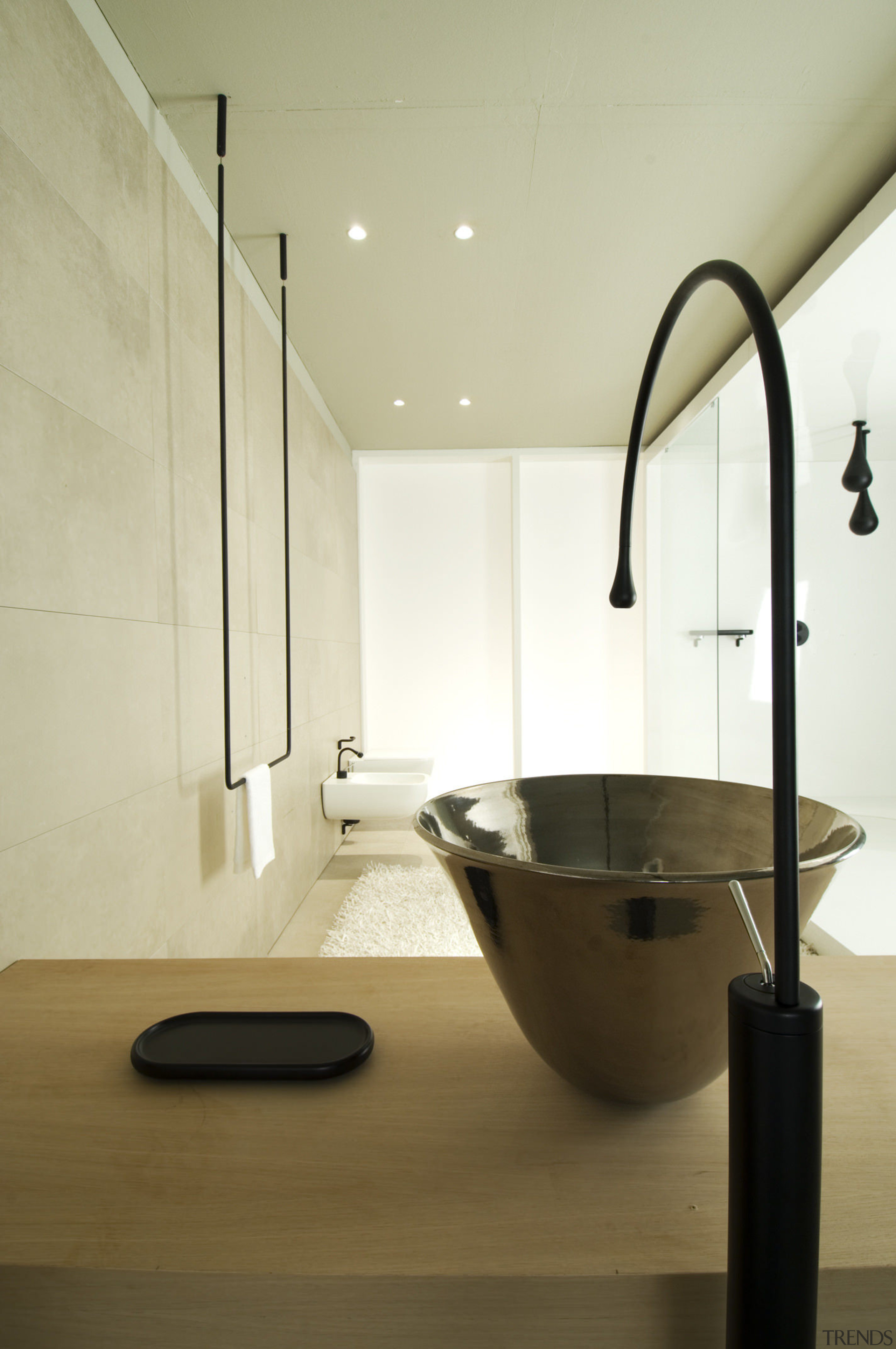 View of contemporary basins. - View of contemporary bathroom, bathroom sink, ceramic, floor, interior design, plumbing fixture, product design, sink, tap, yellow, brown