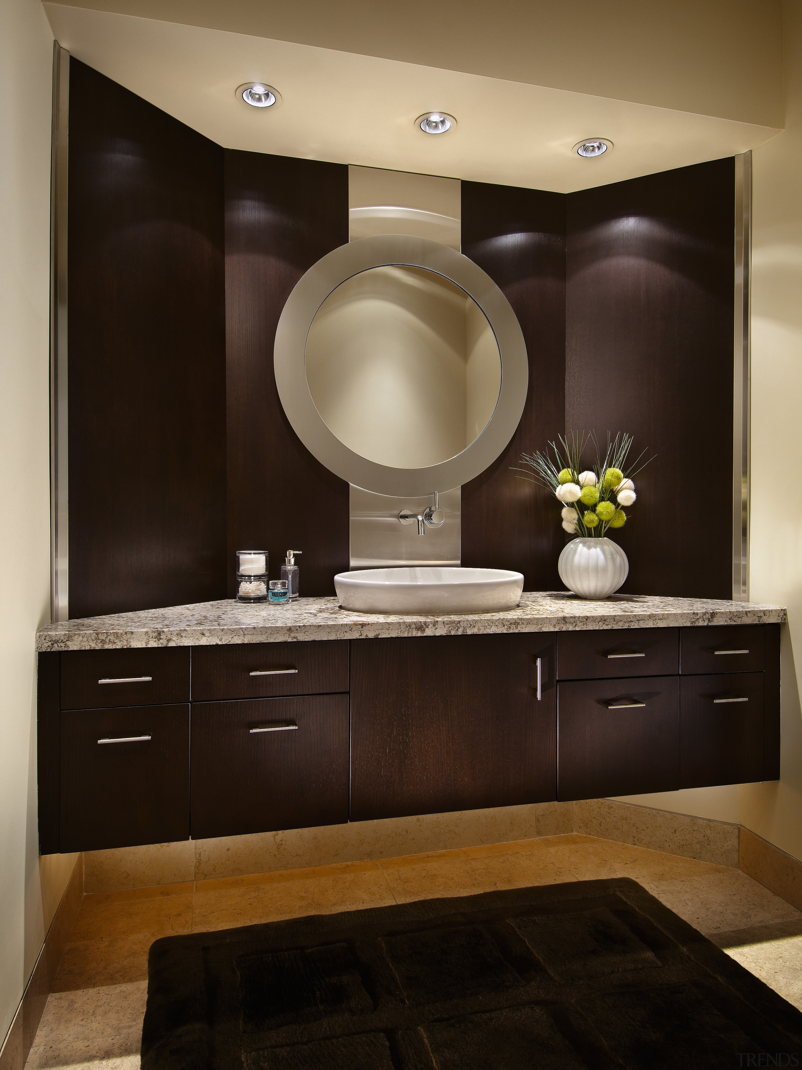 View of bathroom vanity with granite top, oak bathroom, bathroom accessory, cabinetry, countertop, furniture, interior design, kitchen, room, sink, black