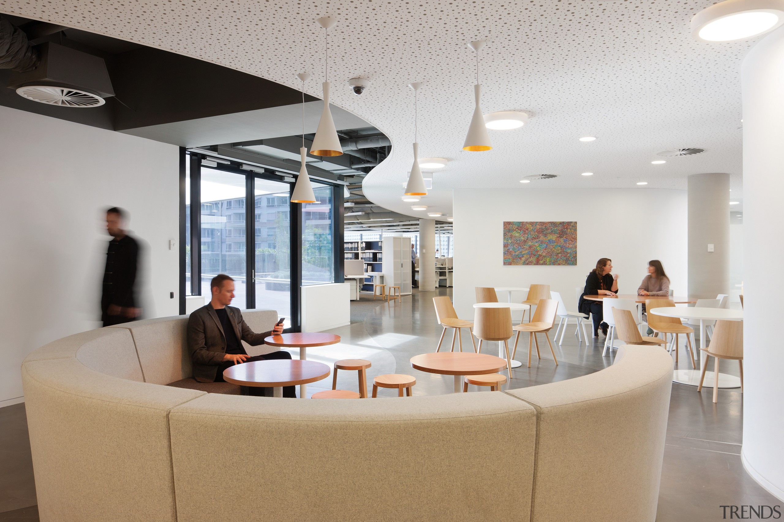 Communal hub at Brookfield Multiplex in Melbourne, designed interior design, office, gray