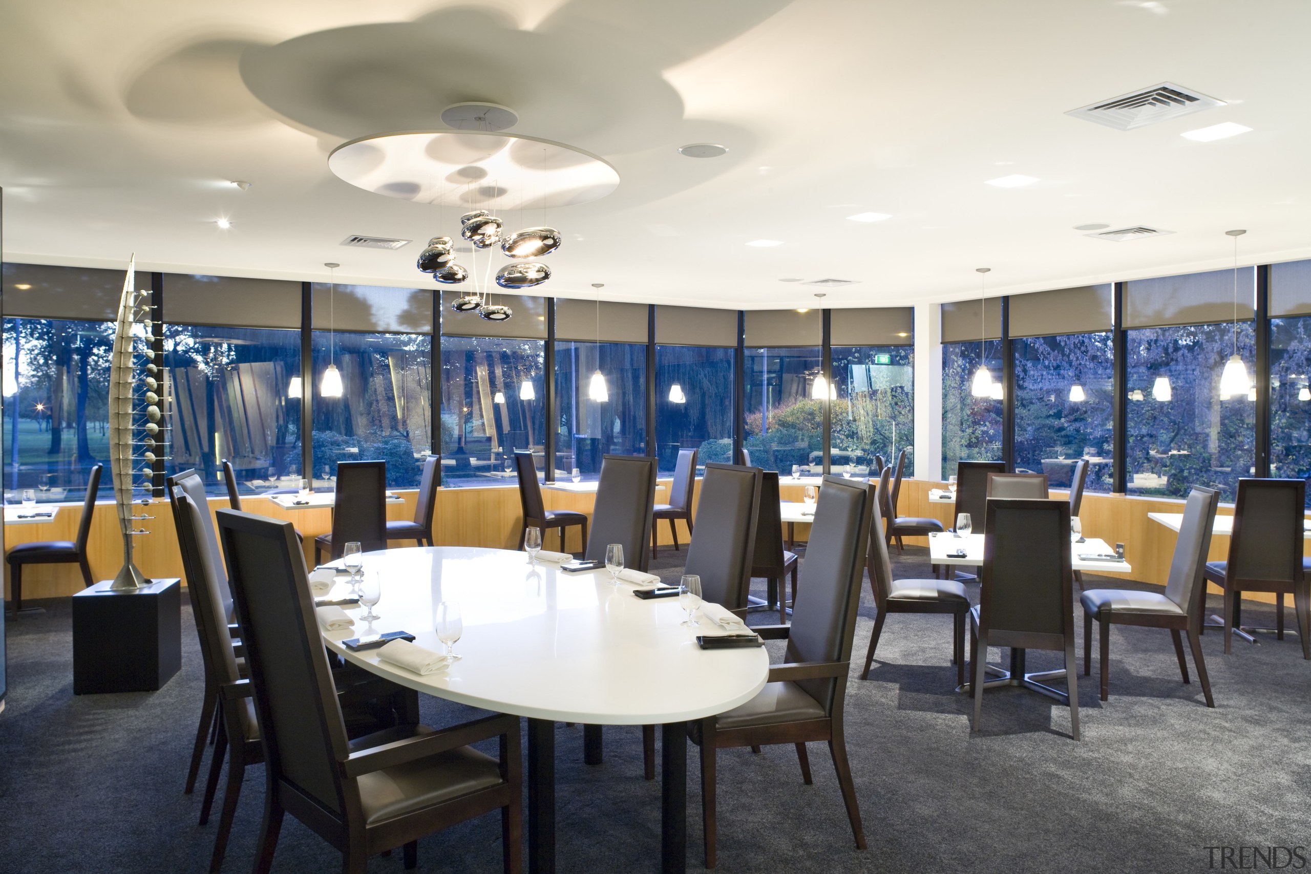 View of the main dining area of a dining room, interior design, restaurant, table, white