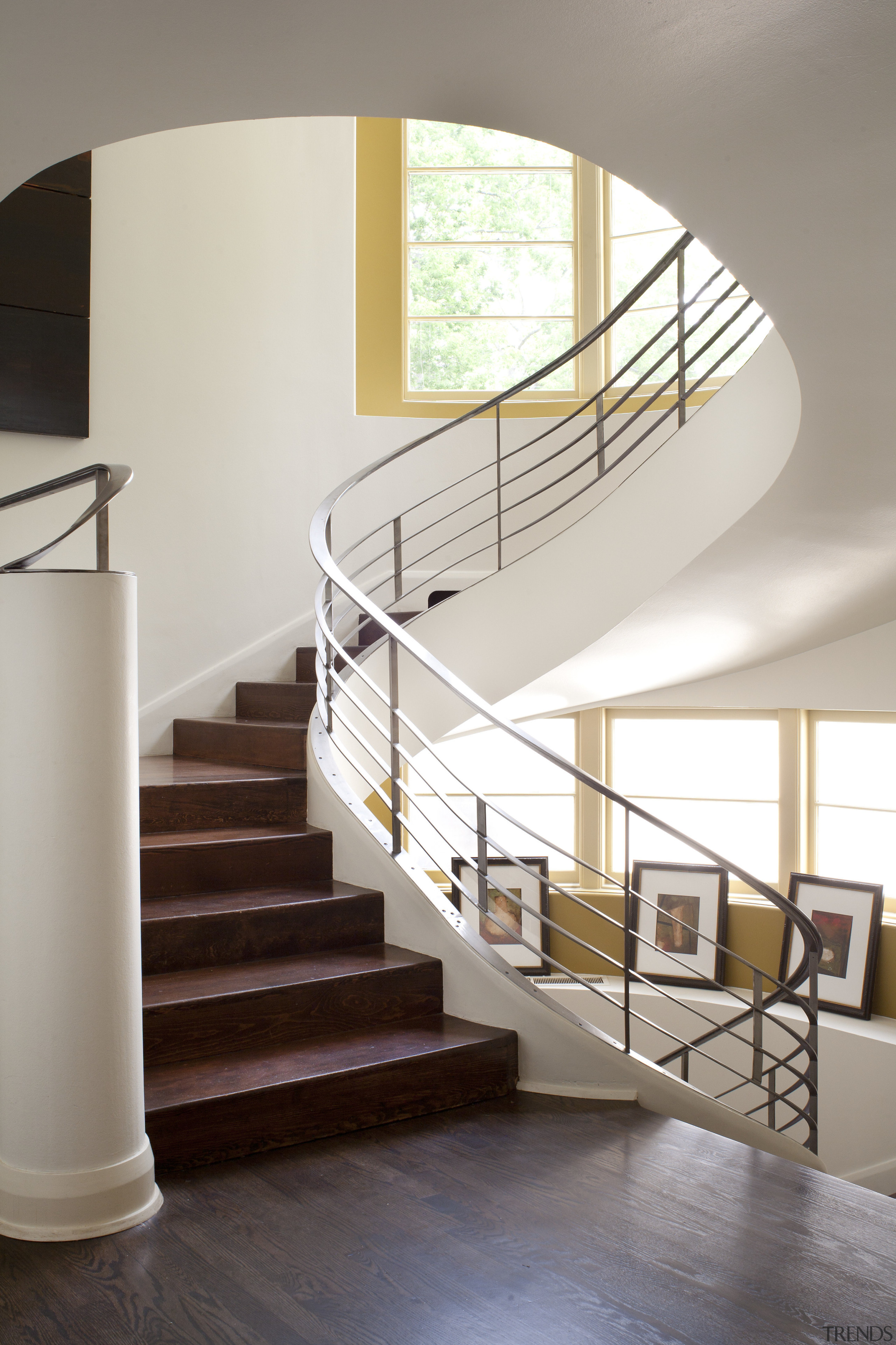 Existing staircase provides centrepiece in 1940s house  architecture, baluster, daylighting, glass, handrail, home, interior design, product design, stairs, white, gray