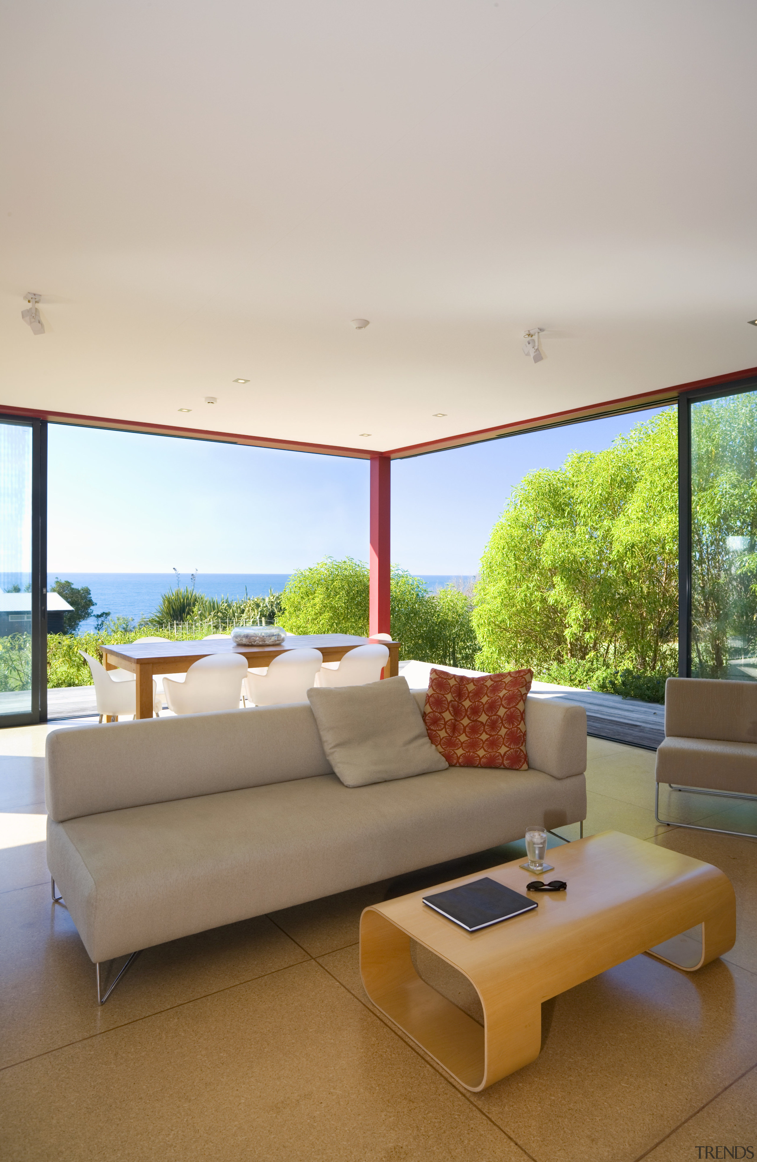 A view of the living area, tiled floors, architecture, ceiling, daylighting, estate, home, house, interior design, living room, property, real estate, table, window, gray, brown