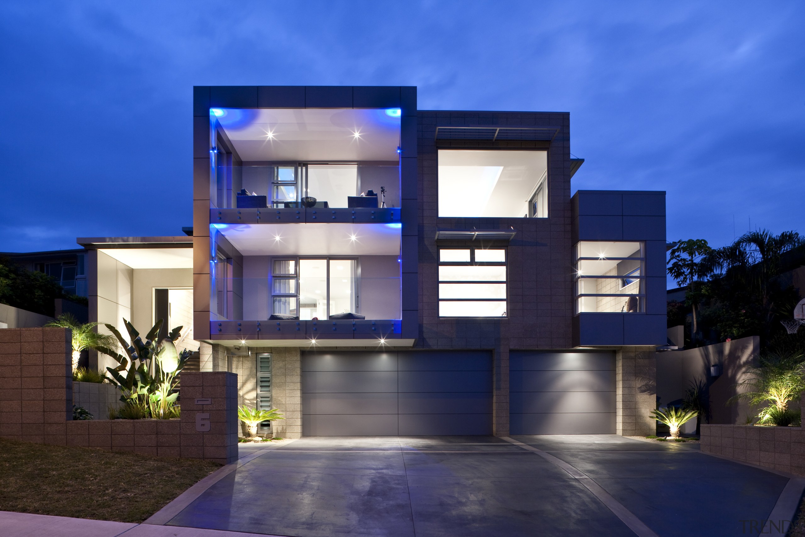 Exterior view of a home designed by Robin architecture, building, elevation, estate, facade, family car, home, house, property, real estate, residential area, blue