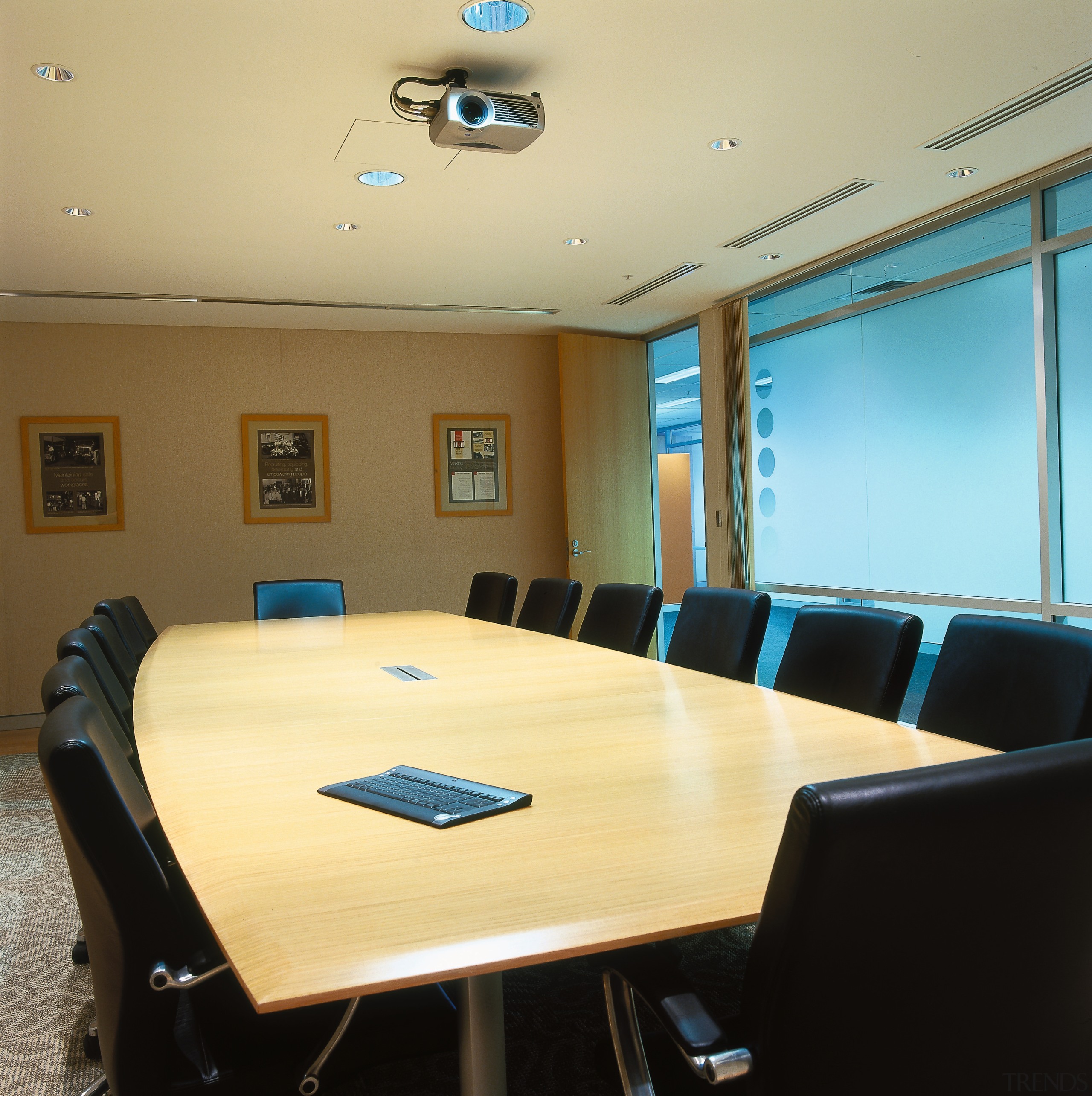 View of the meeting room, long large wooden conference hall, furniture, interior design, office, table, orange