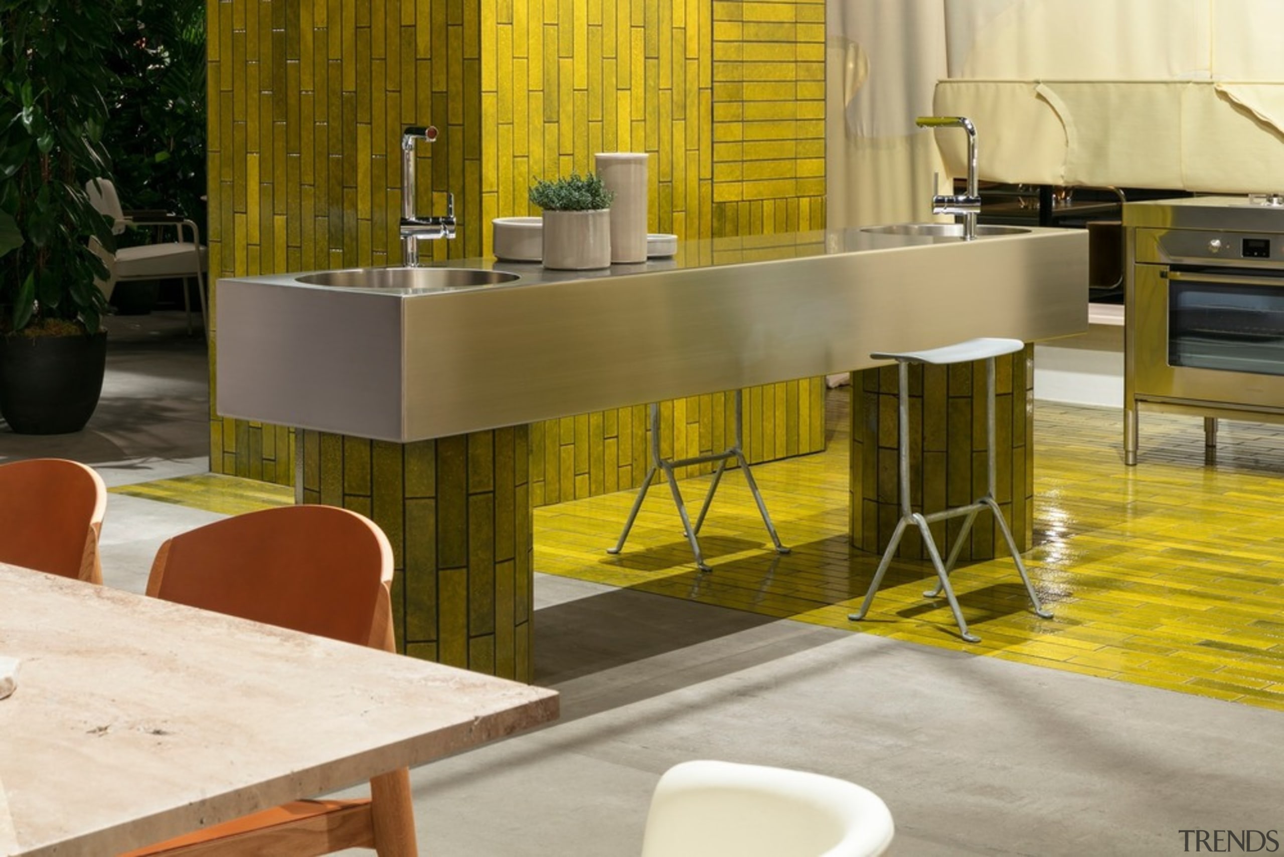 The kitchen is the centre of Studio Truly architecture, bar stool, building, chair, countertop, design, floor, flooring, furniture, house, interior design, material property, property, restaurant, room, table, yellow, brown, gray