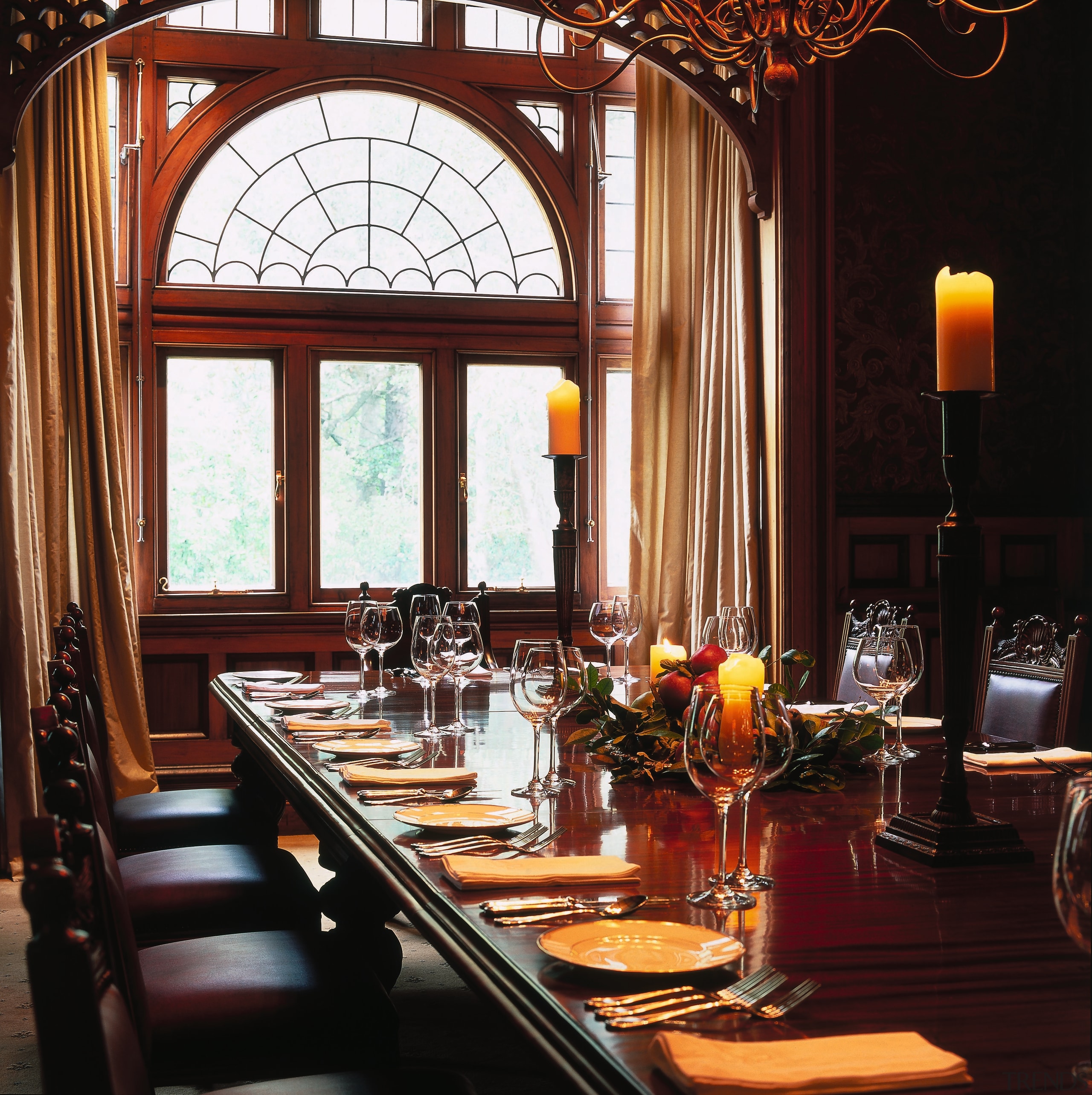 The detail of a dining room table - dining room, interior design, restaurant, table, red