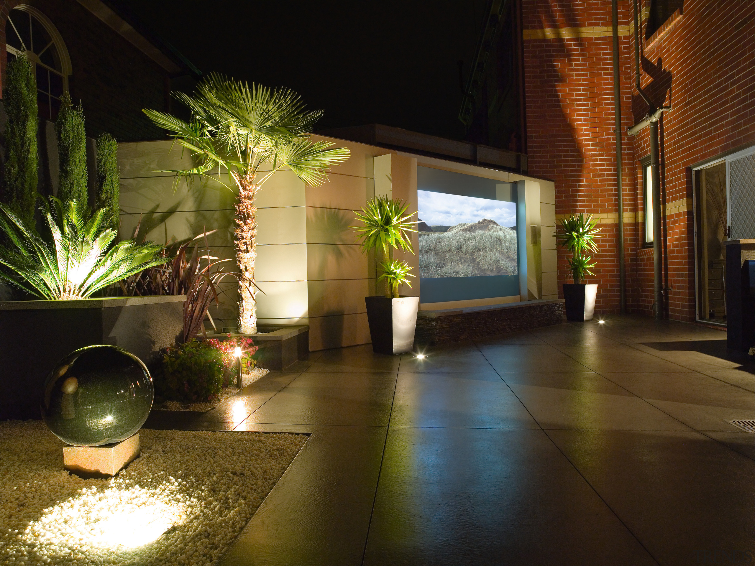 view of this outdoor entertaining area featuring 2.5 courtyard, home, house, interior design, landscape lighting, lighting, plant, property, real estate, brown, black