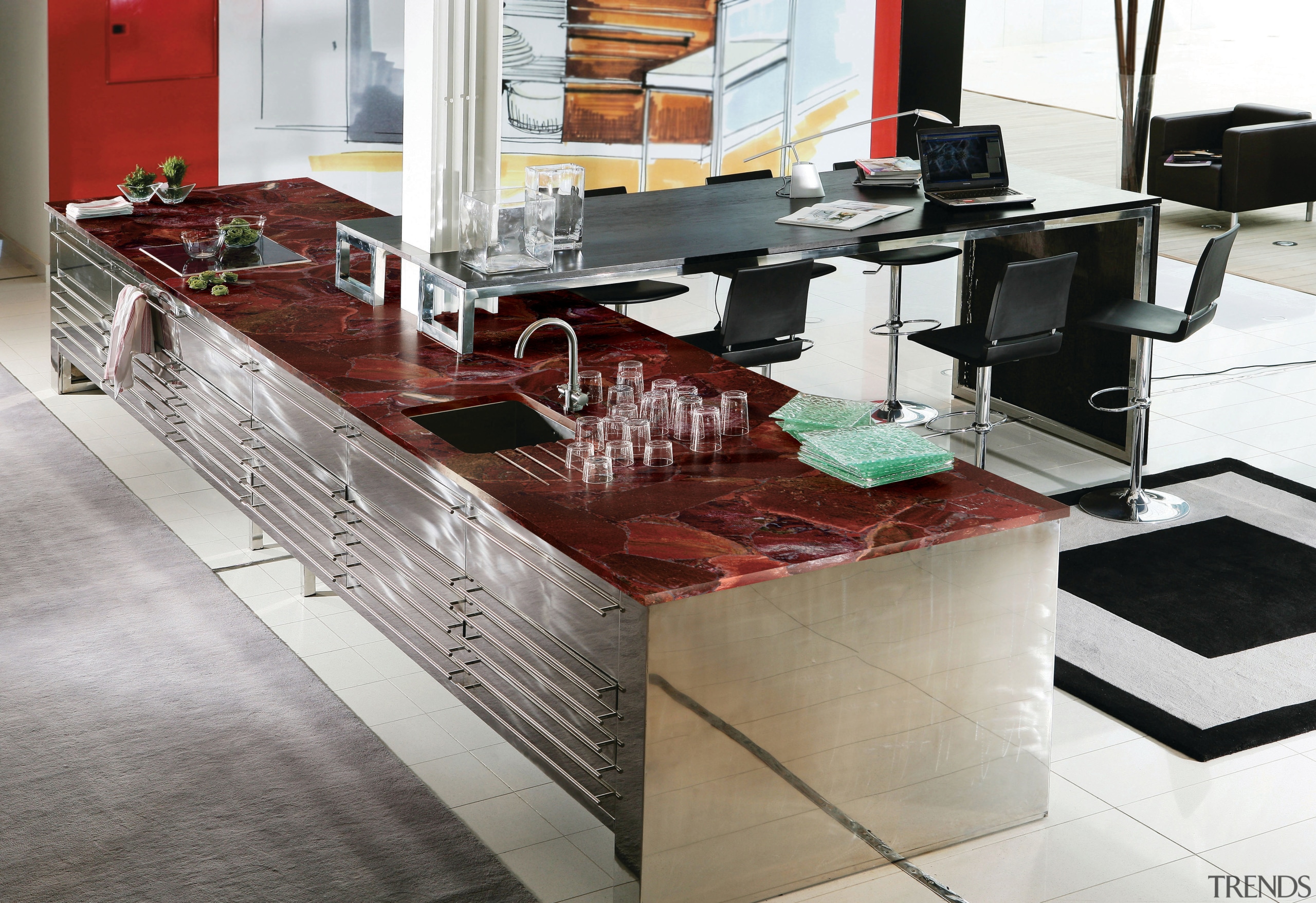 View of a contemporary kitchen which features countertops countertop, floor, flooring, furniture, interior design, kitchen, product design, table, gray