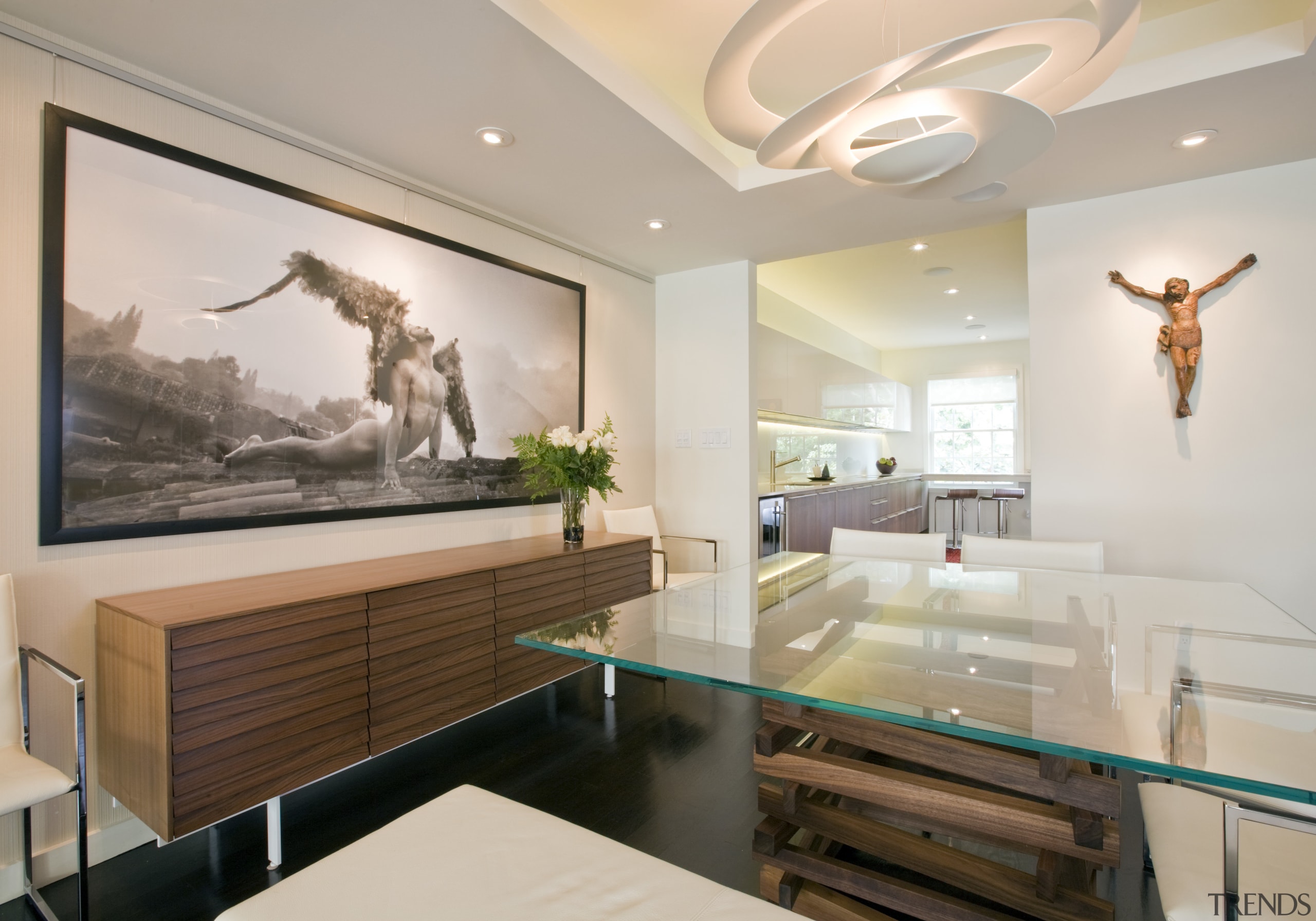 Dining area in contemporary townhouse renovation - Dining ceiling, interior design, living room, room, gray