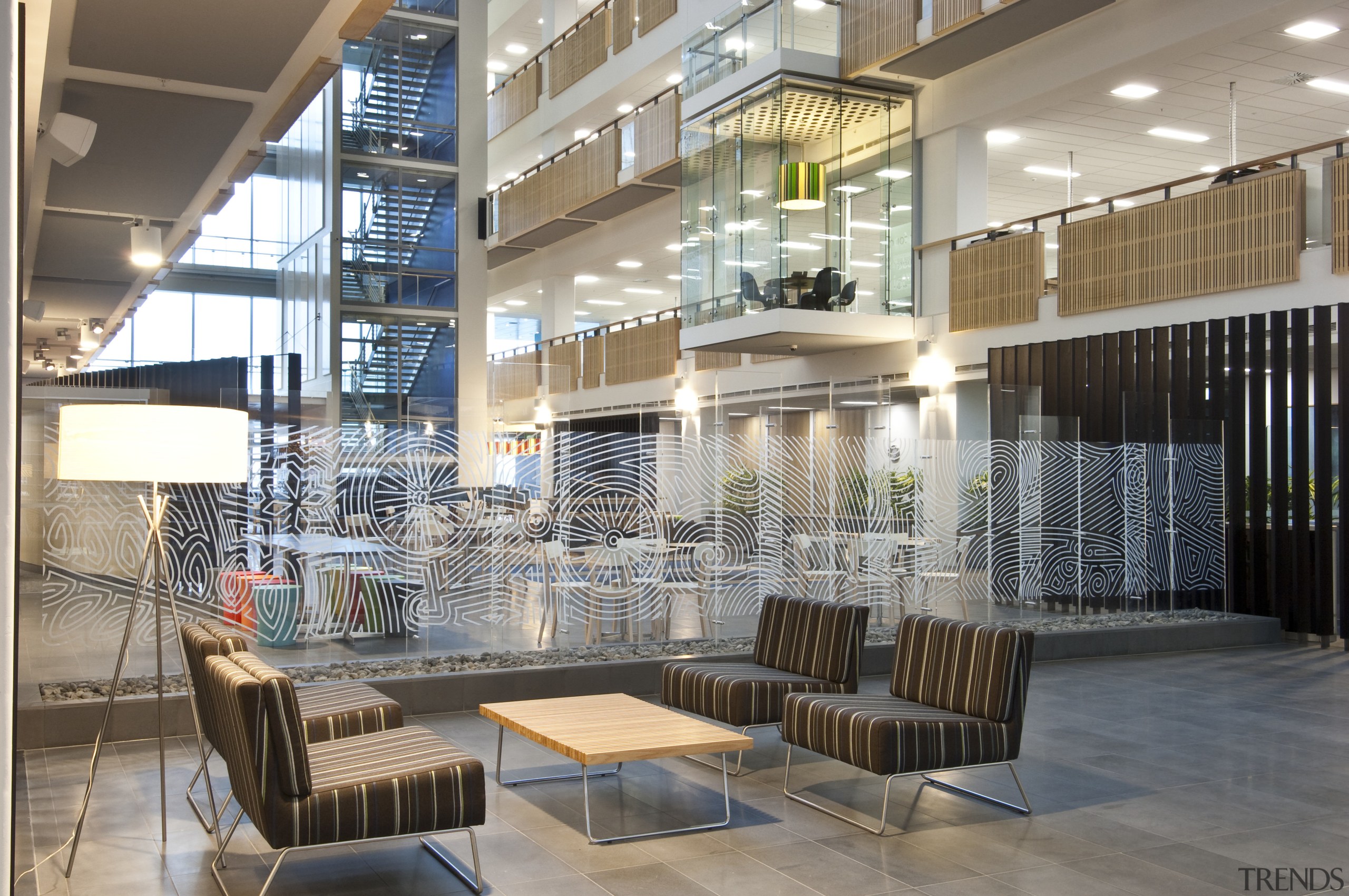 View of the atrium of the new BNZ apartment, architecture, condominium, handrail, interior design, lobby, gray