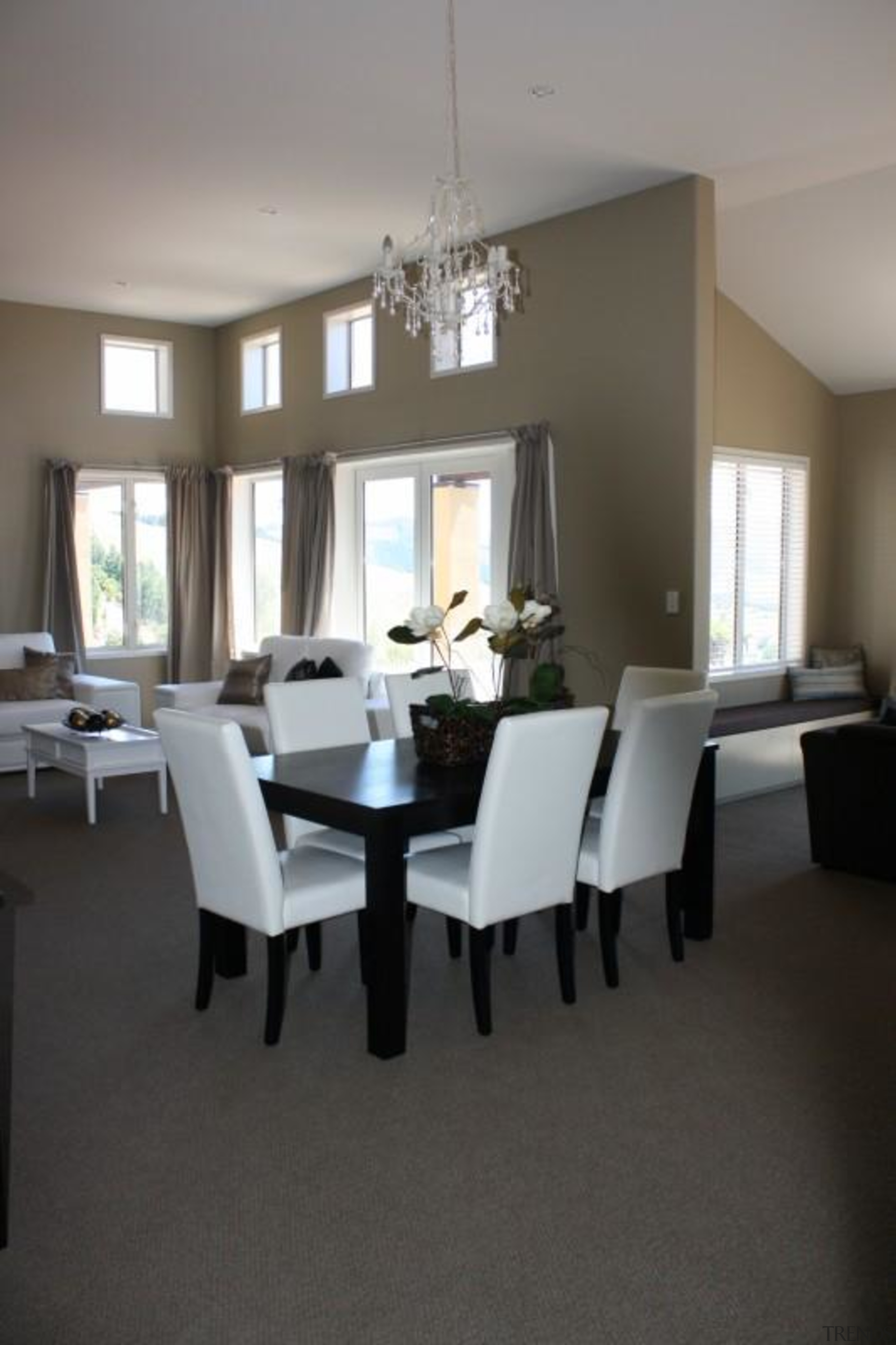 Black and white family dining area - Landmark ceiling, chair, dining room, floor, flooring, furniture, home, interior design, living room, room, table, window, gray, black