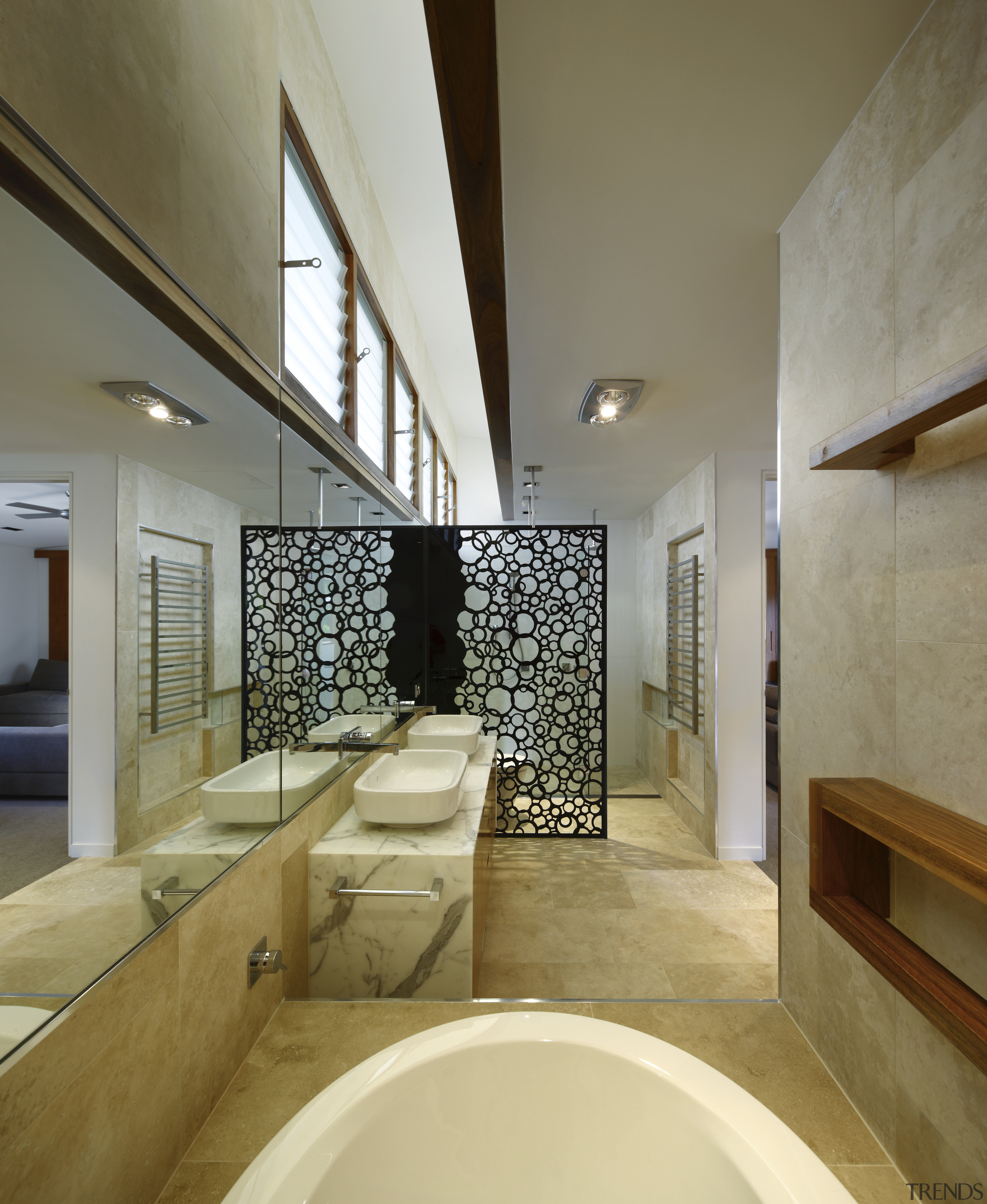A picture of travertine tile, mirror and warm architecture, bathroom, ceiling, daylighting, estate, floor, flooring, home, interior design, property, real estate, room, brown, gray