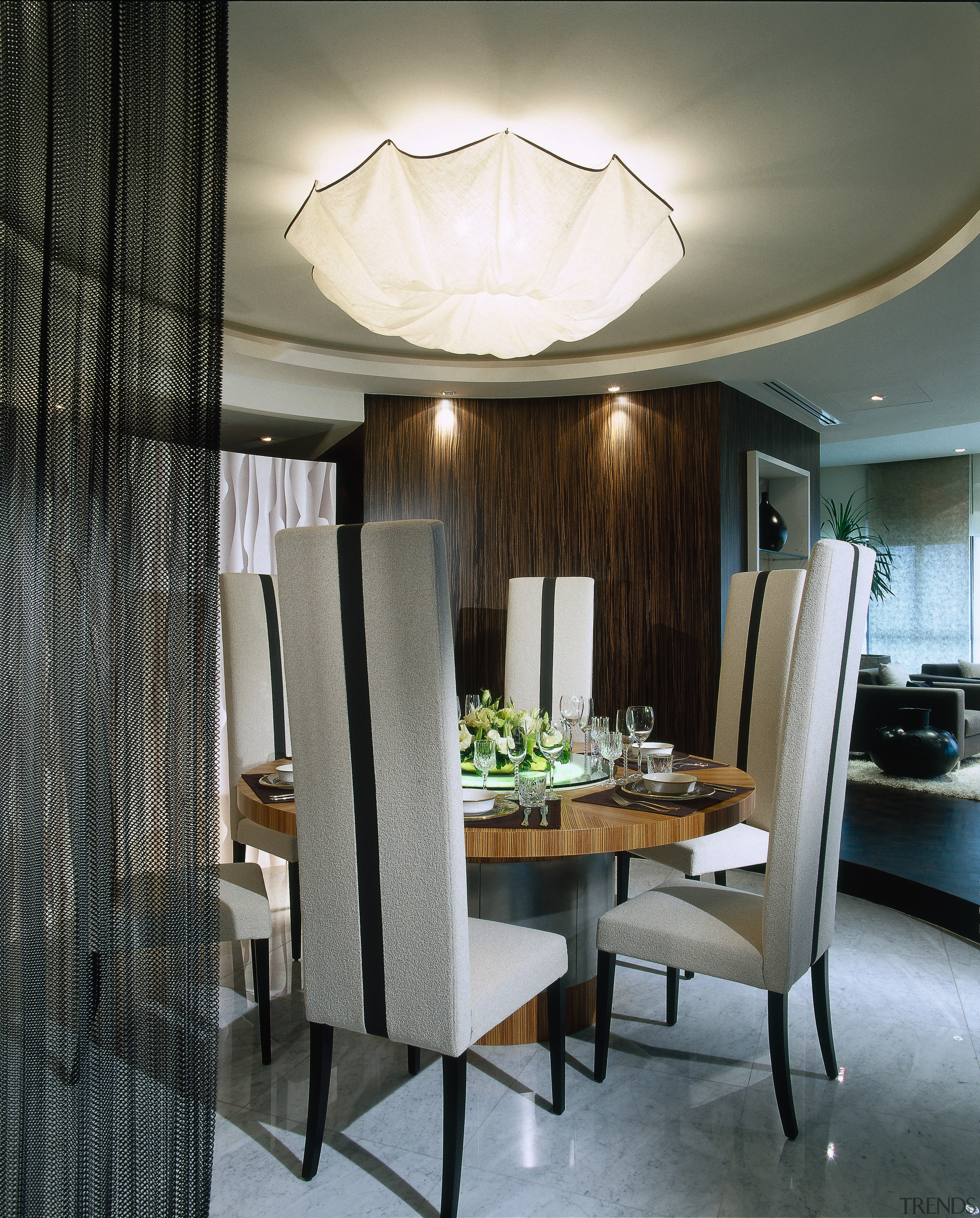 The detail of a dining room - The ceiling, dining room, furniture, home, interior design, light fixture, lighting, room, table, gray, black