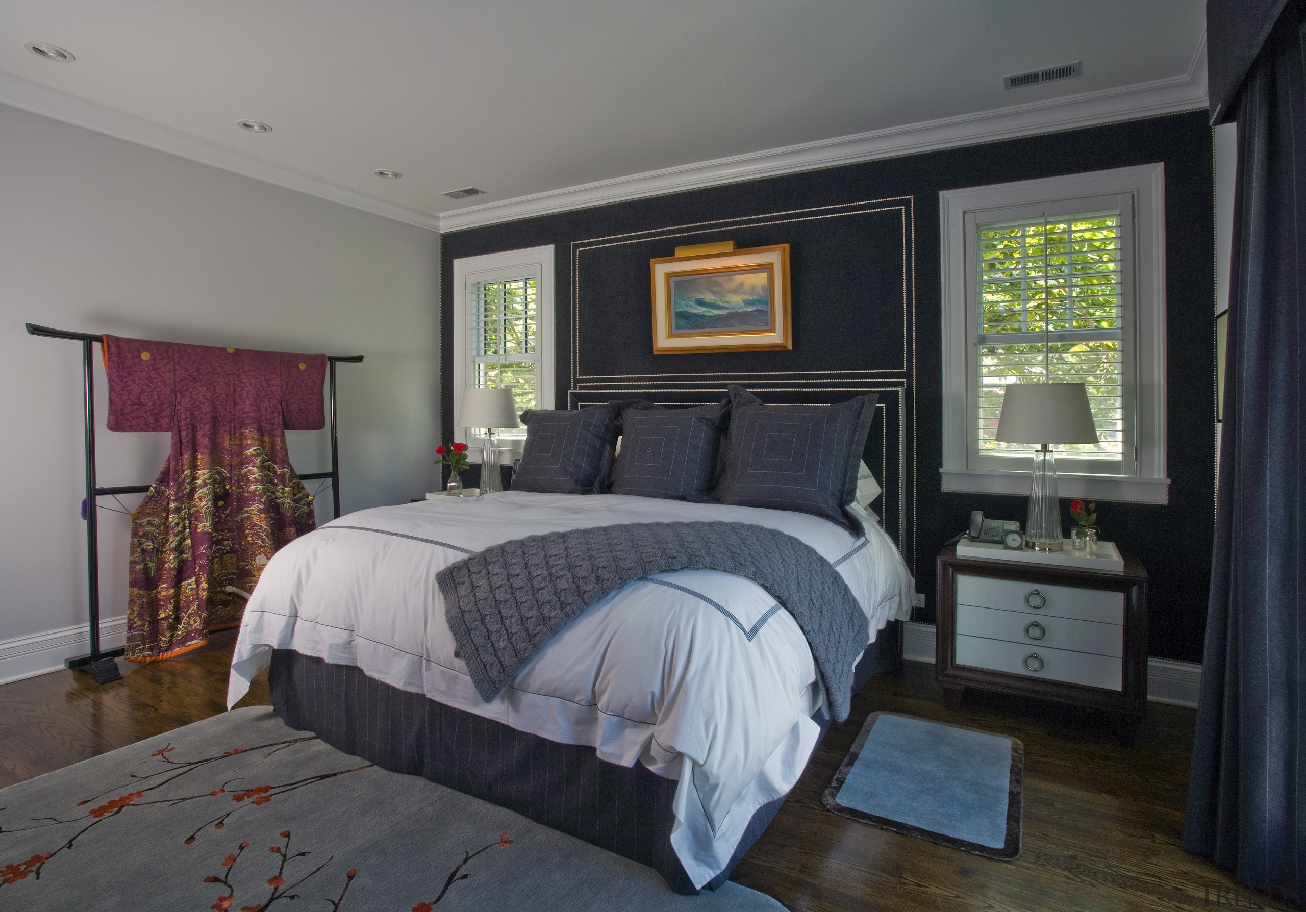 Interior view of this traditional home by Nicholas bed, bed frame, bedroom, ceiling, home, interior design, real estate, room, wall, window, gray, black