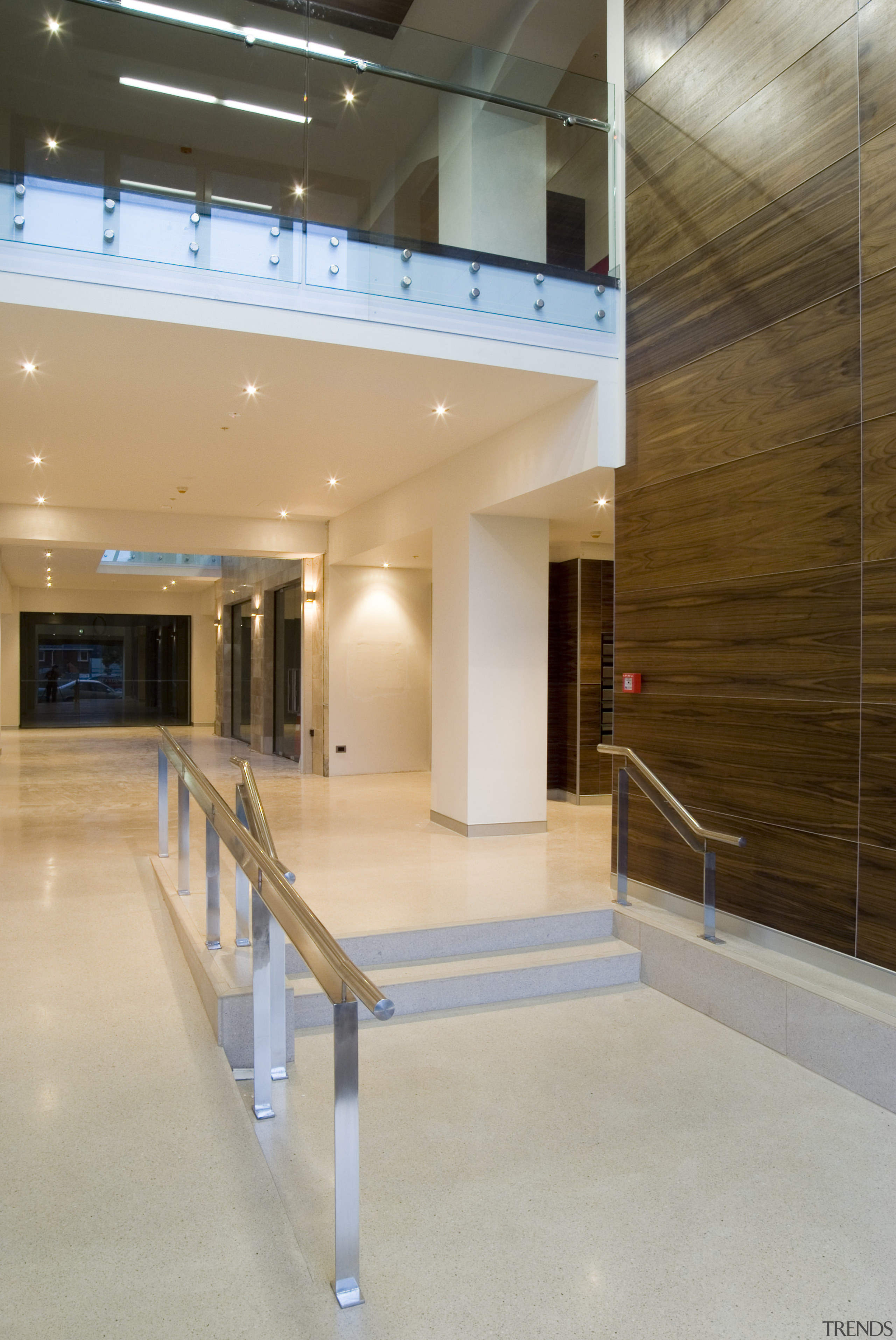 The water-repellent microstructure of Resene AquaSheild ensures dit architecture, ceiling, daylighting, floor, flooring, glass, interior design, lobby, real estate, wall, gray, brown