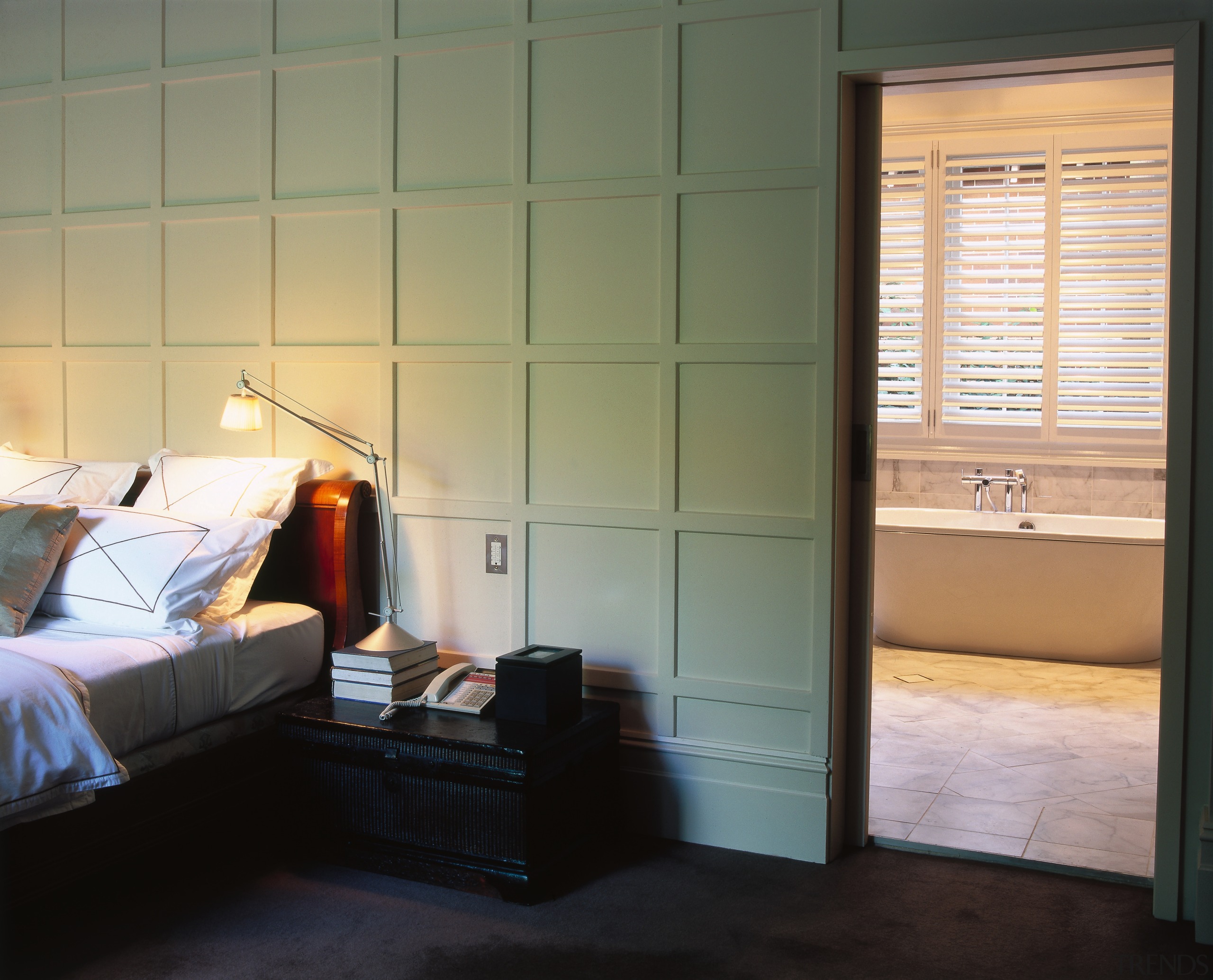feature panelling in the master bedroom is an bed, bedroom, ceiling, curtain, door, floor, flooring, furniture, home, interior design, room, wall, window, window covering, window treatment, wood, black