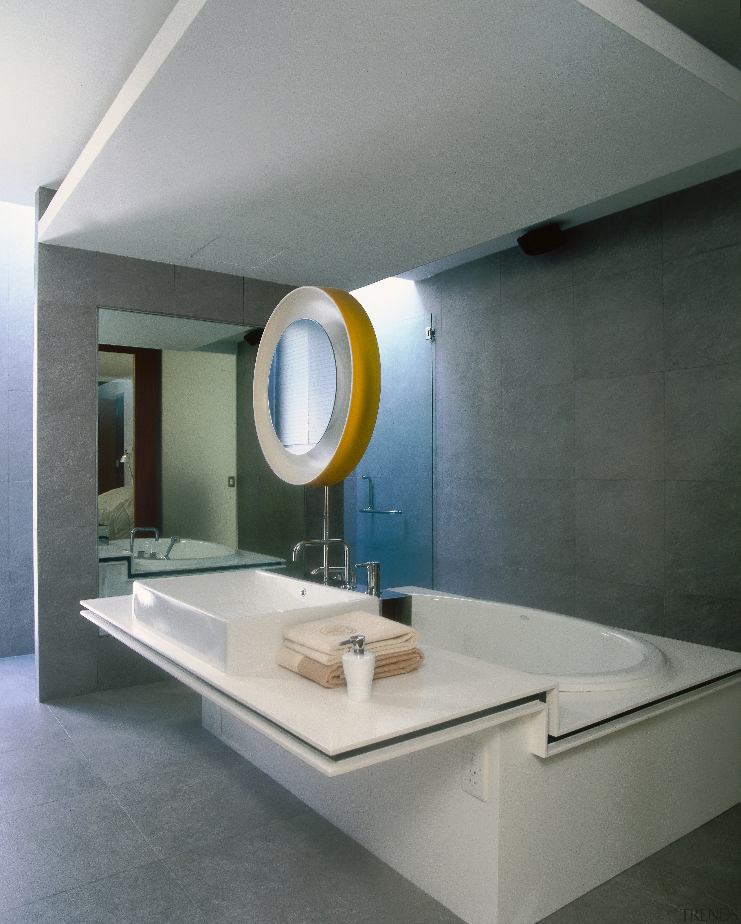 view of this master bedroom ensuite  feaaturing architecture, ceiling, daylighting, interior design, product design, sink, table, tap, gray