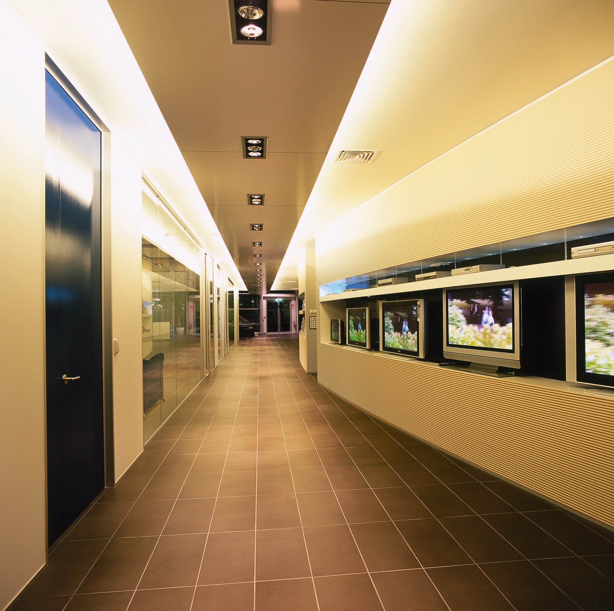 A view of the various interiors used through ceiling, daylighting, floor, flooring, interior design, lobby, shopping mall, brown, orange