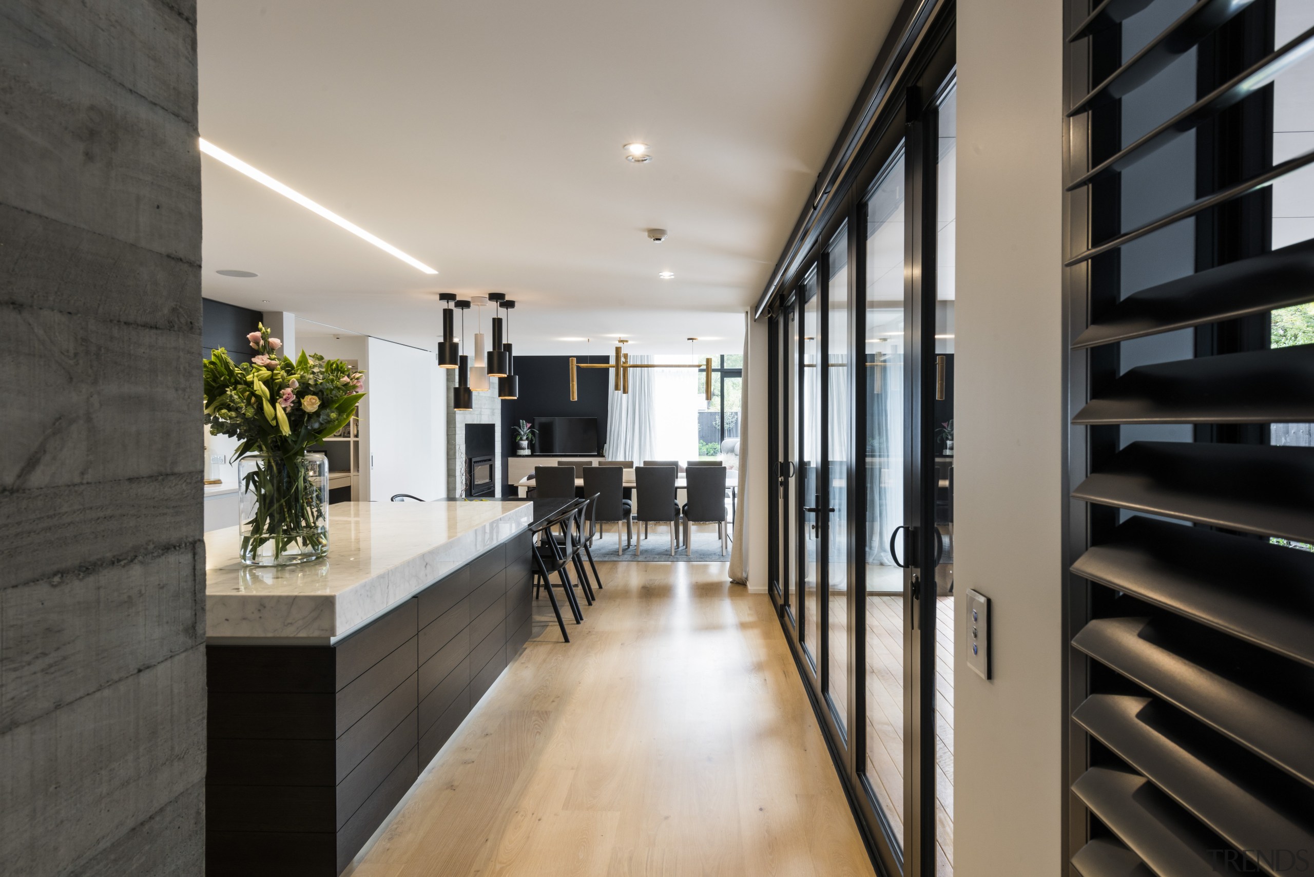 A central hallway affords a line of sight apartment, architecture, house, interior design, real estate, black, gray