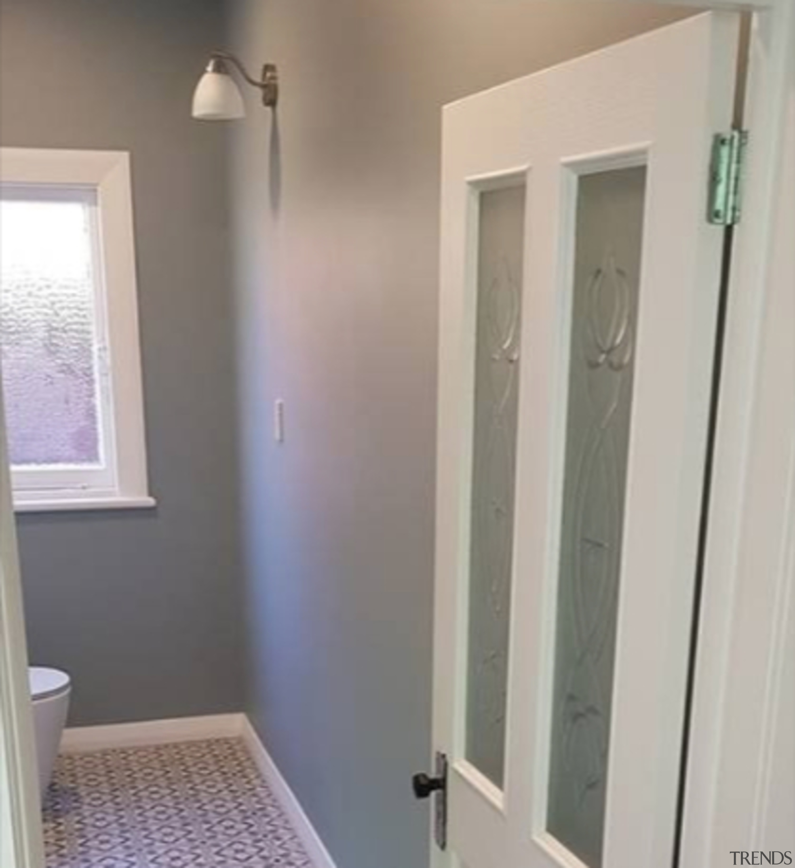 Half-height etched glass doors admit light and sun architecture, bathroom, building, ceiling, door, floor, hardwood, home, house, property, real estate, room, wall, gray